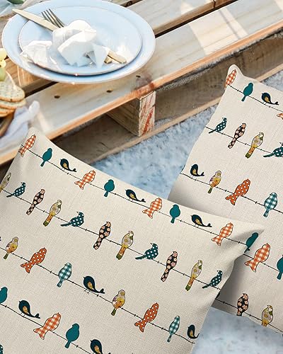 Miniatura 2 de Juego de 2 fundas de almohada decorativas para exteriores, fundas de almohada suaves, impermeables, 16 x 16 pulgadas, pájaros en los alambres con