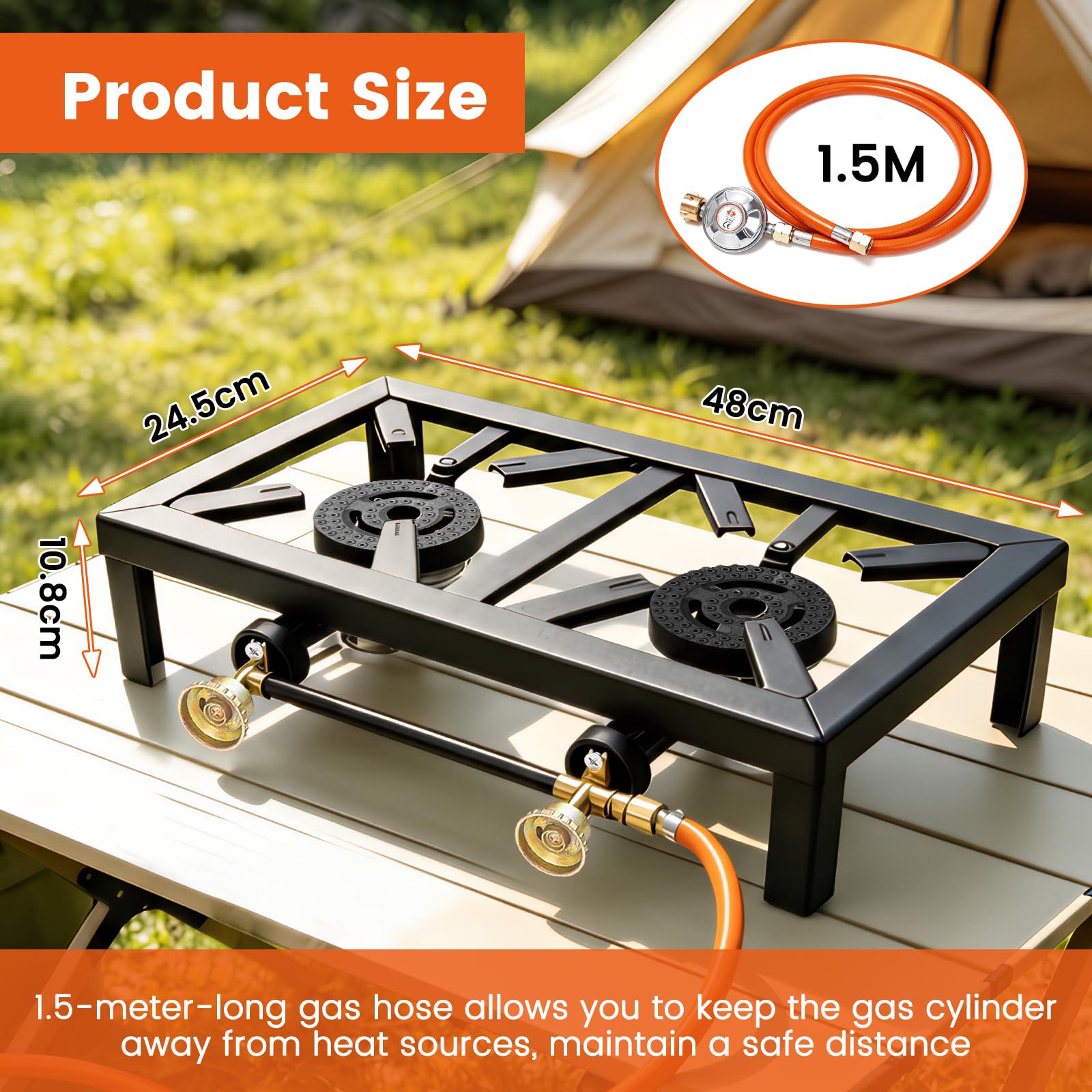 Doppelbrenner Gaskocher 8 kW Campingkocher Outdoor 2-Flammig Tragbarer Gasherd mit Schlauch & Druckminderer