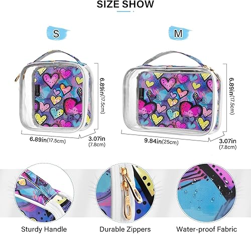 Miniatura 4 de Bolsa de aseo transparente de corazón morado, rosa, azul, amarillo, para viajes, paquete de 2 bolsas de cosméticos de maquillaje con cremallera,