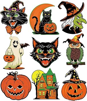 Large Vintage Halloween Decorations Double-Sided Halloween Cutouts Retro Halloween Spooky Ghost Pumpkin Witch Cat Cutouts for Trick or Treat Holiday Party Window Wall Decor9PCS