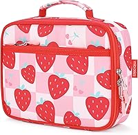 Vista 20 de mibasies Lonchera infantil para niñas pequeñas, bolsa de almuerzo aislada y reutilizable para la escuela, fresas surtidas, color rosa