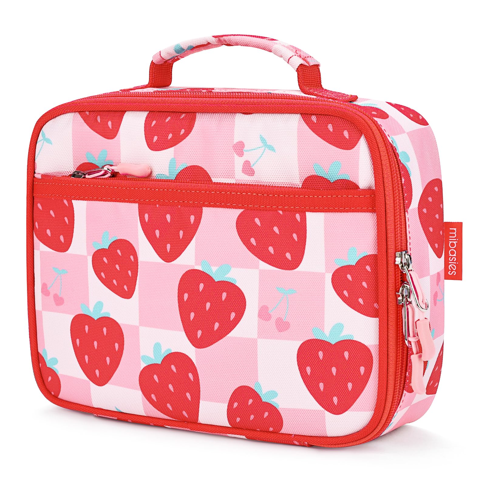 mibasies Kids Lunch Box for Girls Toddler Insulated and Reusable Lunch Bag for School Strawberry Checkerboard