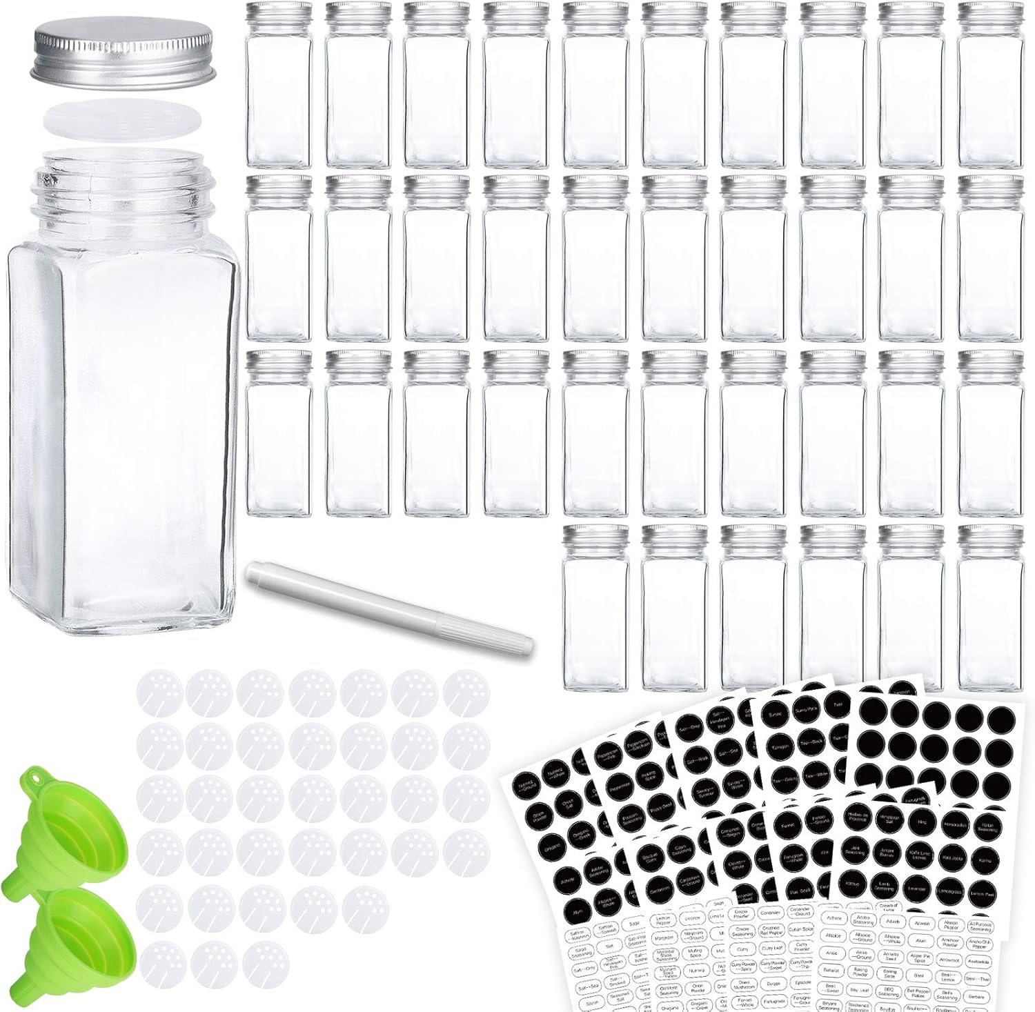 KAMOTA Glass Spice Jars, 36 PCS 4oz Empty Square Spice Bottles with Shaker Lids and
