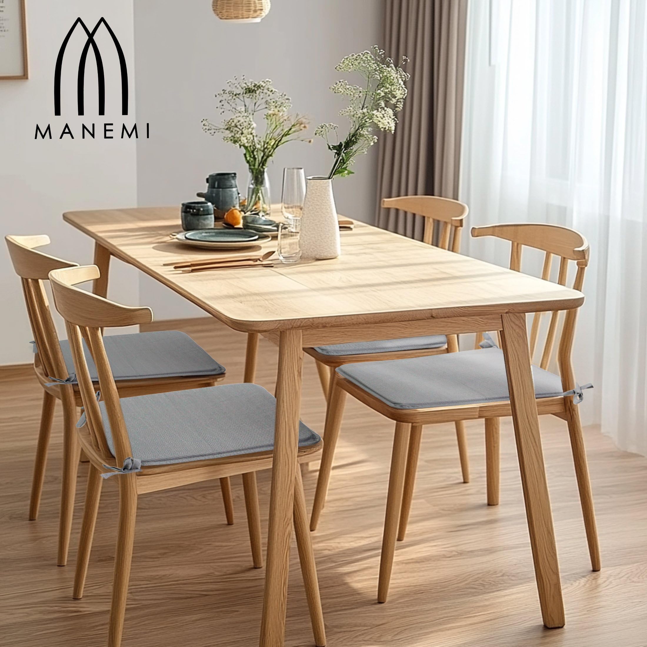 MANEMI Pack 2 Cojines para Silla 40x40x2cm - Cojín Decorativo con Textura de Bambú para Silla, Sofá o Comedor - Juego de Cojines de Asiento Estilo Rústico y Transpirable con Cintas de Sujeción,
