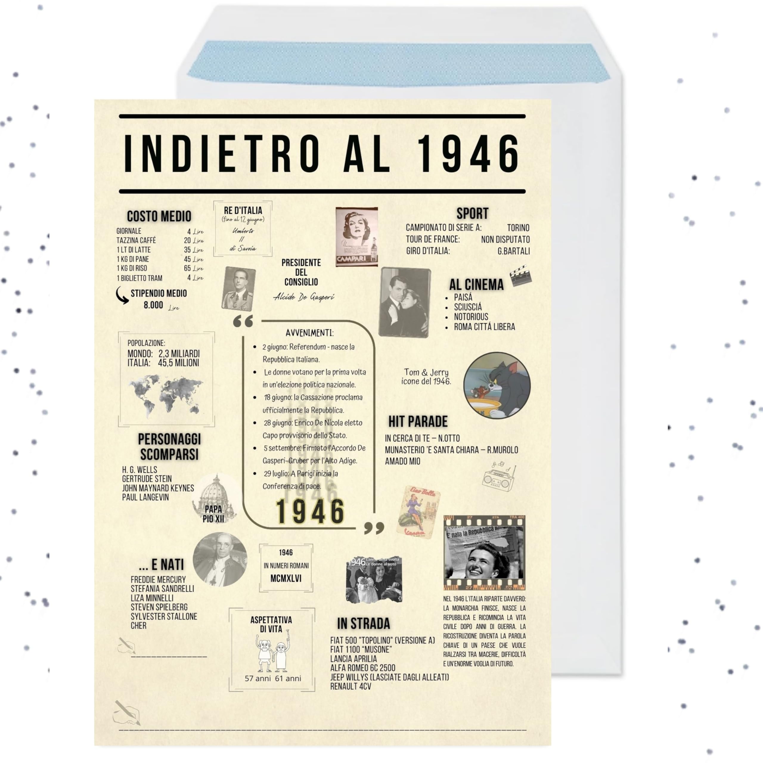 Poster 1946 anno di nascita regalo compleanno originale uomo donna maxi formato A4 da incorniciare con busta Made in Italy