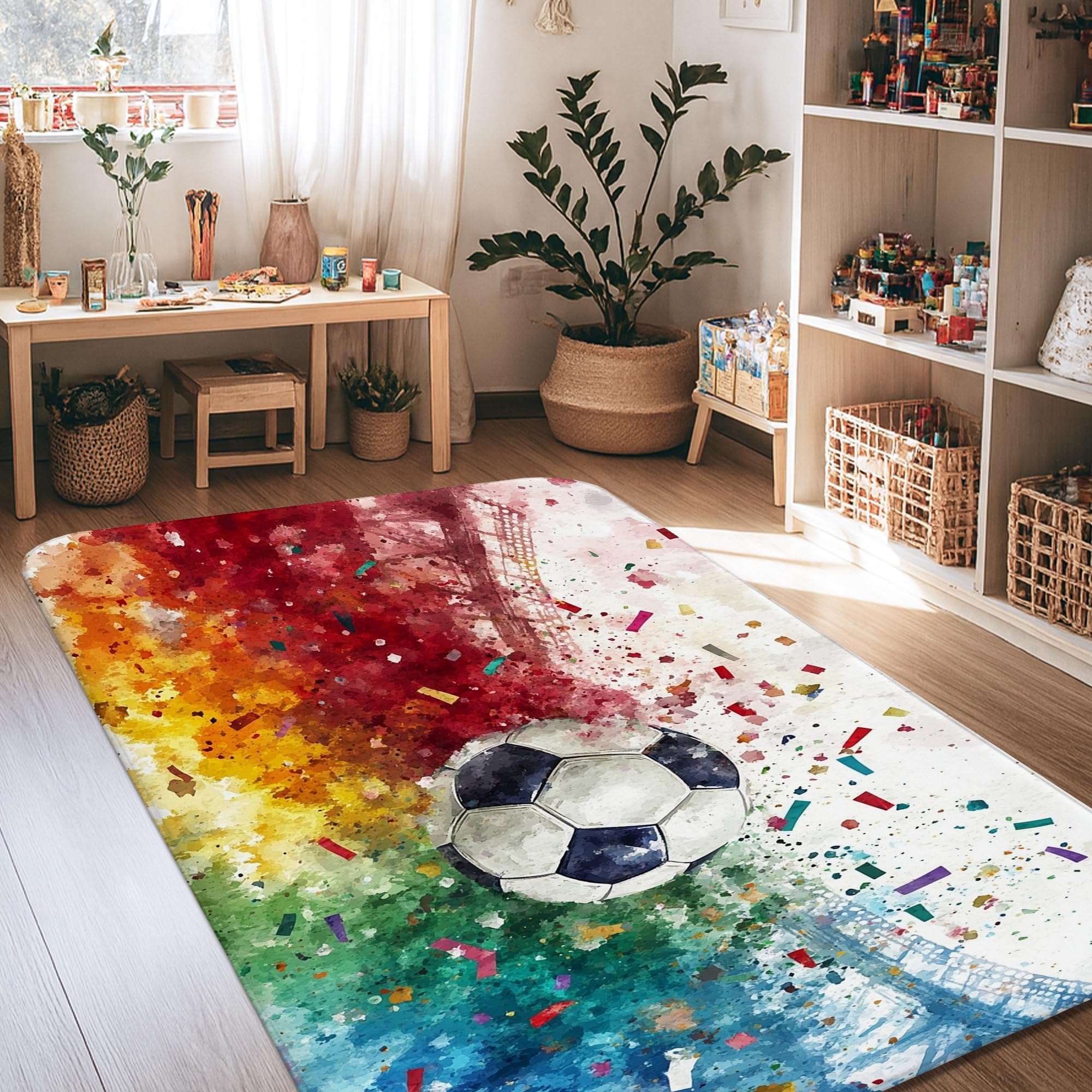 Tapis de football rectangulaire à poils courts avec bord éponge antidérapant pour salon