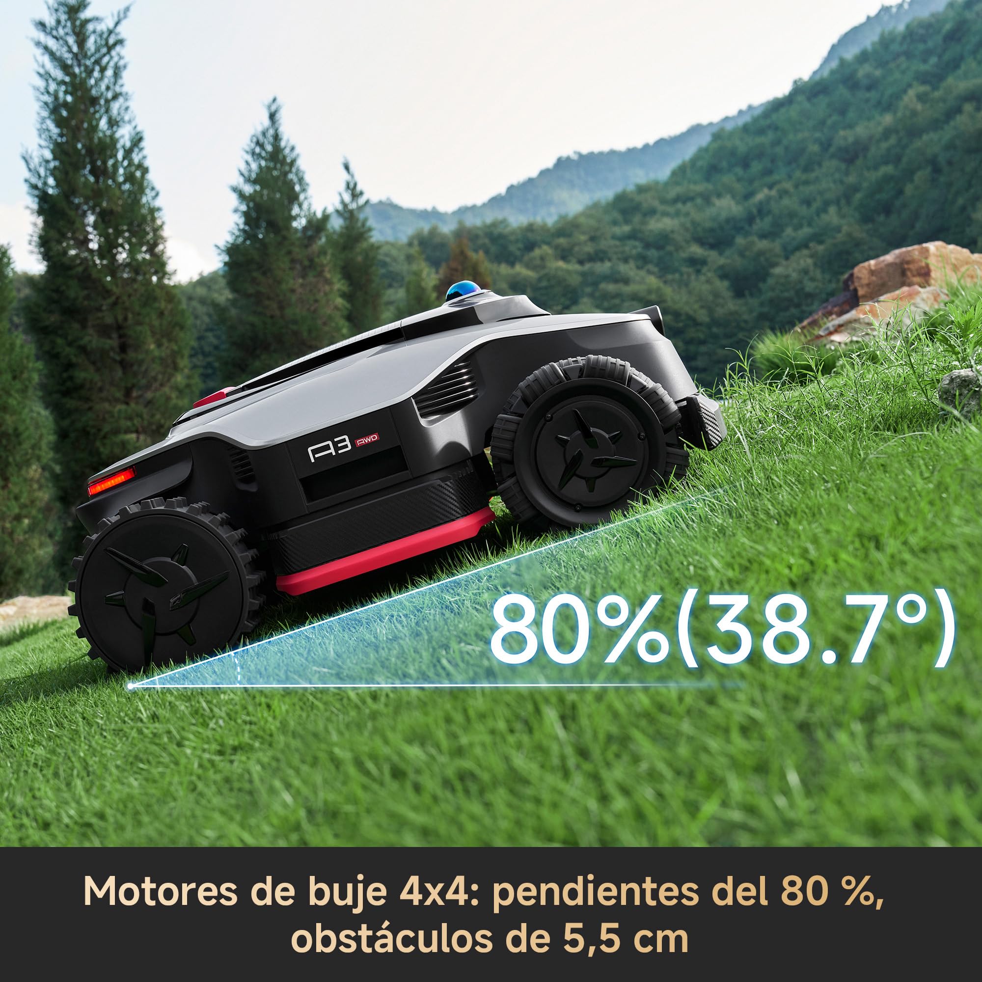 DREAME A3 AWD Pro 5000 Robot Mower para hasta 5000 m², Motores Hub 4WD, Sin RTK, LiDAR 3D 360° y Visión IA Dual, Capacidad de Subida de hasta el 80% (38,7°), EdgeMaster 2.0, Corte de Borde < 3 cm
