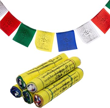 Tibetan Prayer Flags 12cm x 12cm - Outdoor Decoration Hand Printed Flags - Printed in Nepal Wind Horse Flag Affirmation - 5 Rolls