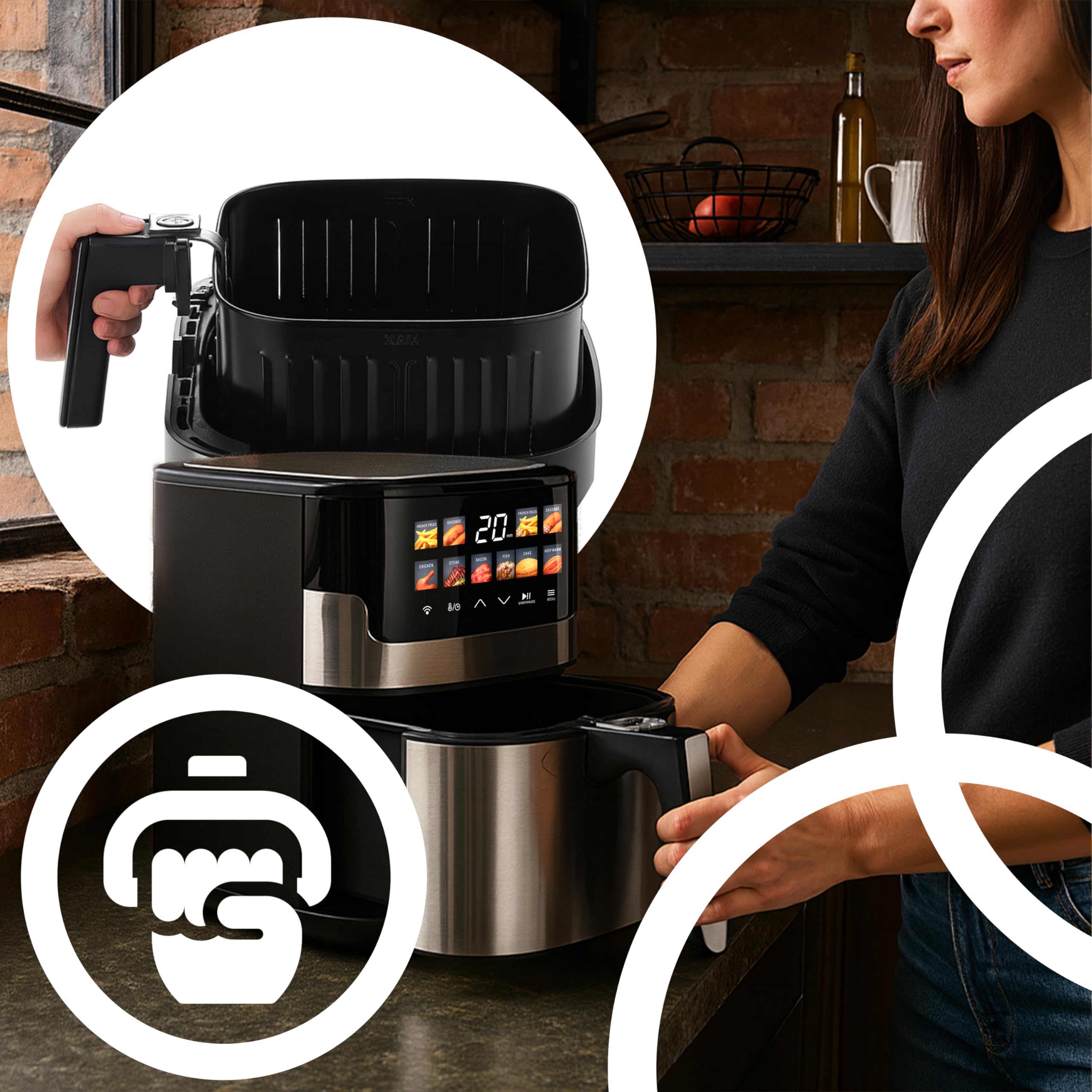 Retoo Frytkownica na gorące powietrze 6,5 l – Airfryer z powłoką zapobiegającą przywieraniu, funkcje 10 w 1, ekran dotykowy, regulacja temperatury od 60 do 200 °C, RapidAir, technologia Air