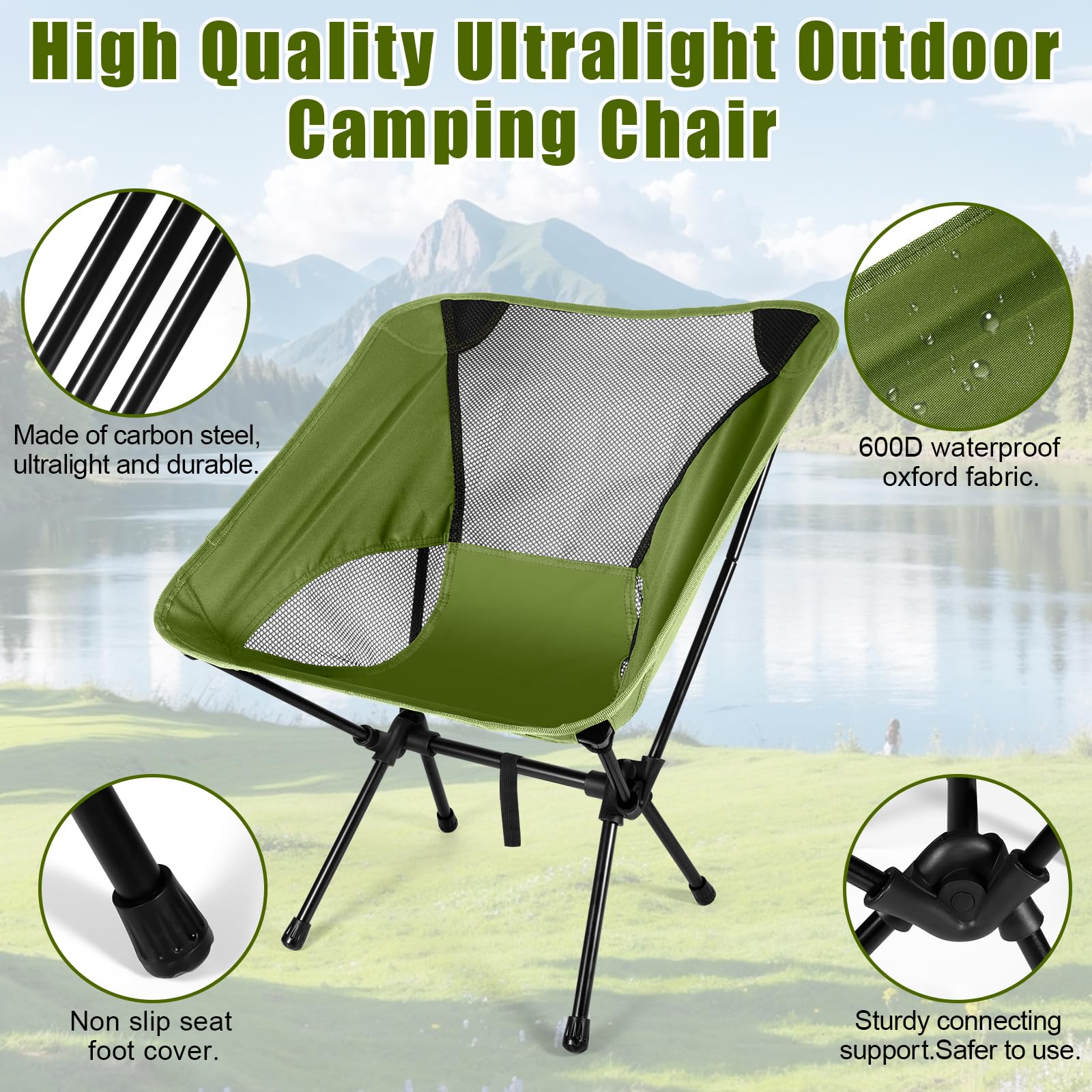 Sedia da Campeggio Pieghevole, Portatile Sedia Pieghevole Ultraleggera con Borsa da Trasporto, Sedie Campeggio per Esterni, Giardino, Spiaggia, Pesca, Picnic, Viaggio, Escursioni (Verde militare)