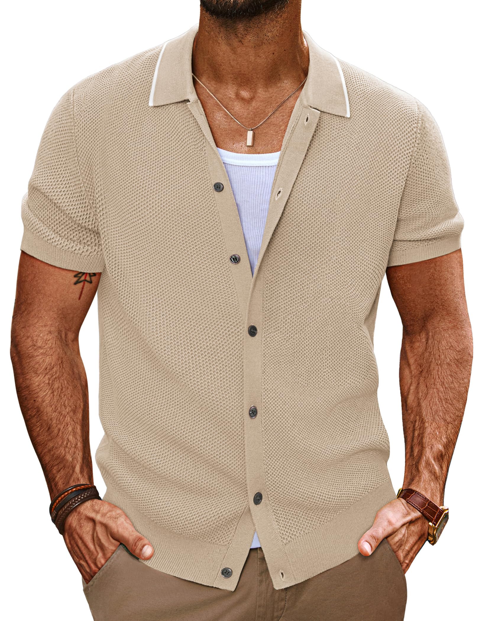 PJ PAUL JONES Men's Knit Button Down Shirts Short Sleeve Vintage Polo Shirt Casual Summer Beach Shirts