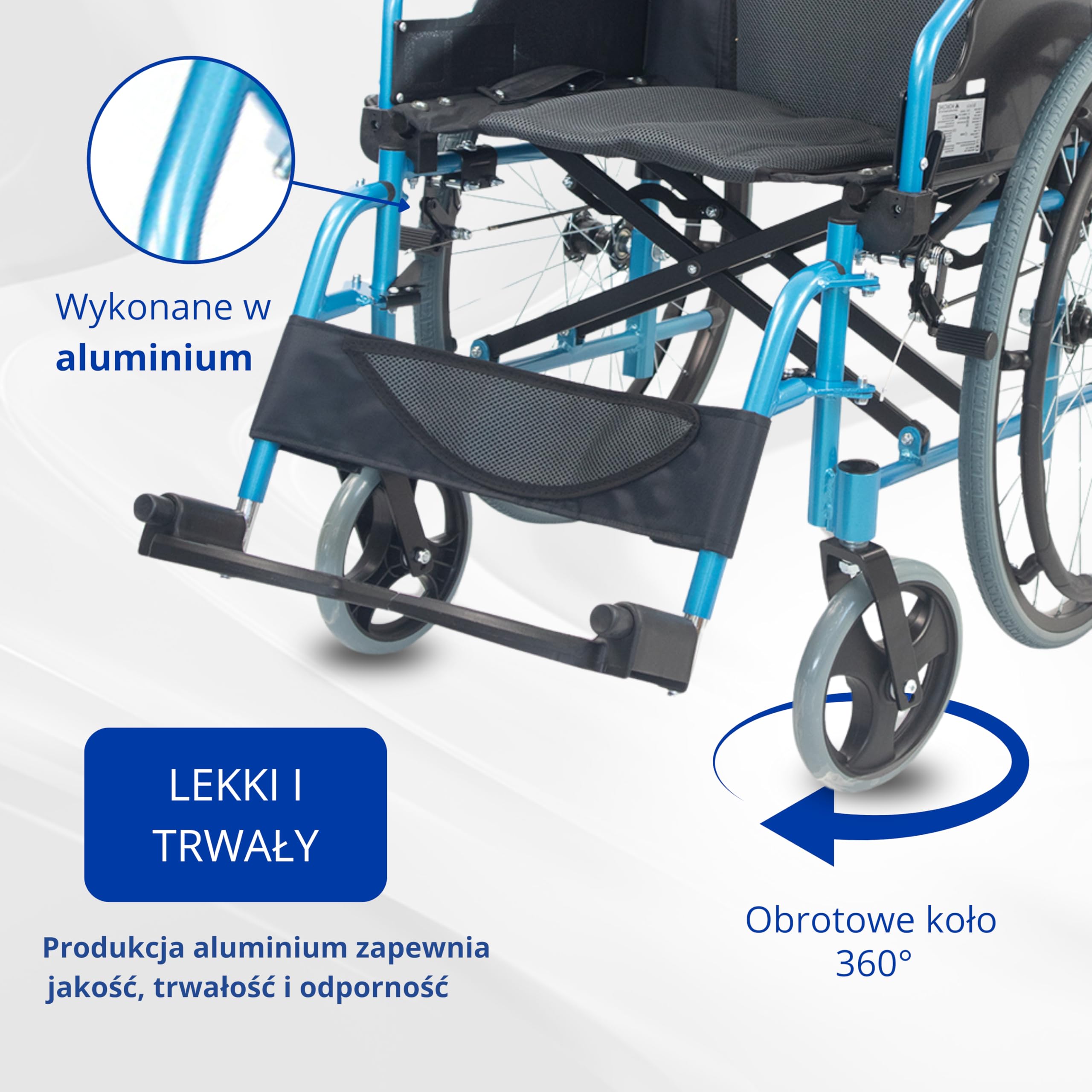 Składany wózek inwalidzki | Aluminium | Dzielone oparcie | Składane podłokietniki | Niebieski | Bolonia | Mobiclinic