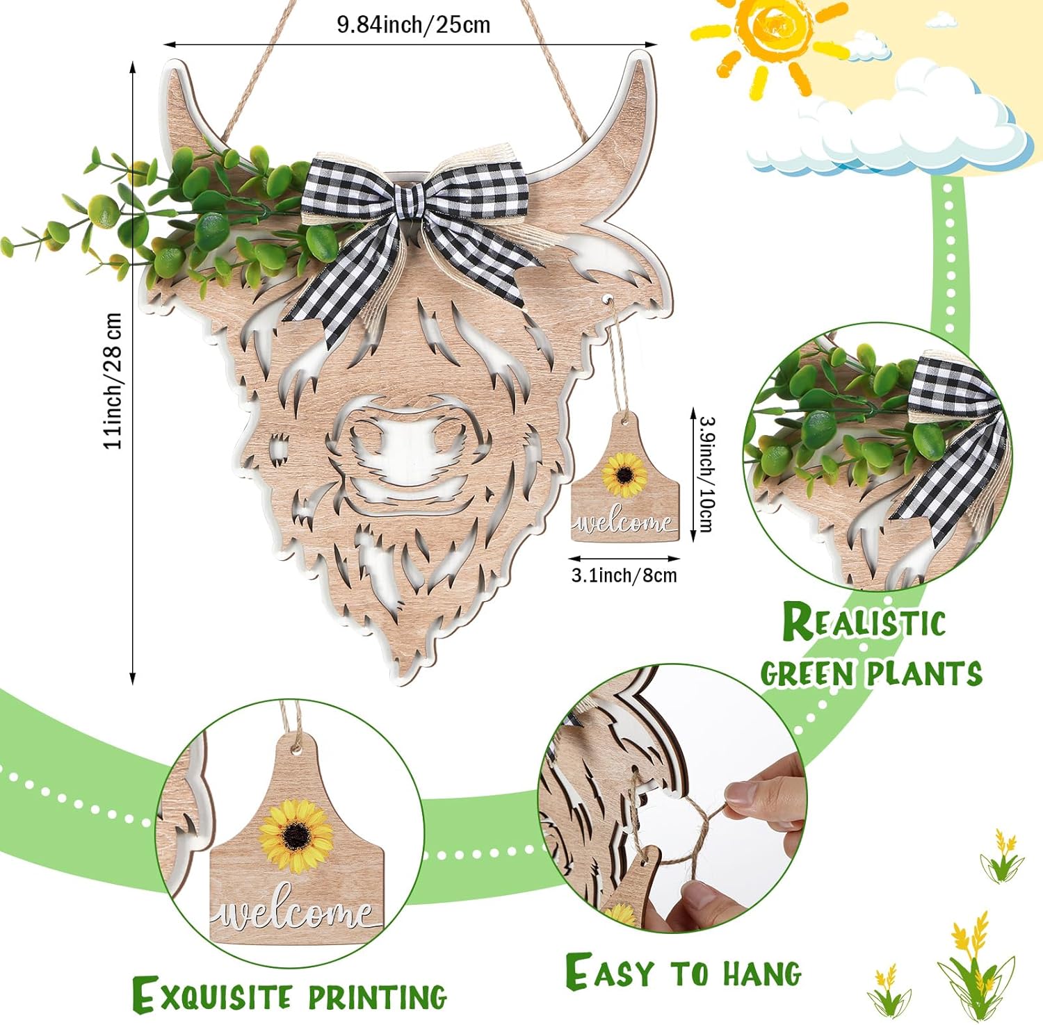 Maitys 13 Pcs Highland Cow Head Door Wreath Sign Christmas Decor Welcome Hanger Rustic Wooden Hanging Farmhouse Cow Decor with Buffalo Plaid for Front Door, 11 x 9.8 Inch(Yak Head Shape) - Image 2