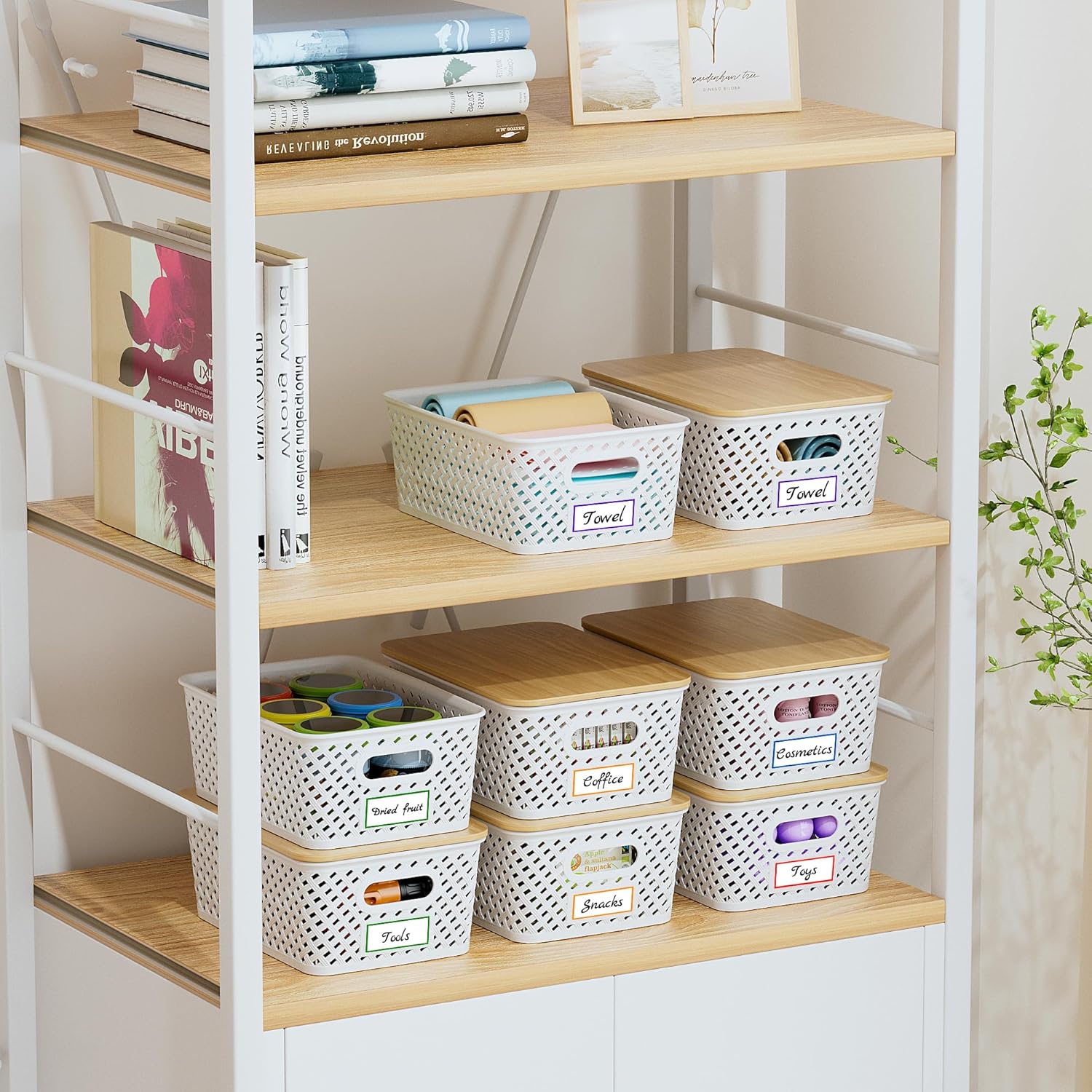 8 Packs Plastic Storage Bins with Bamboo Lids - Stackable Storage Bins Decorative Small Basket Containers for Organizing Shelves Office Classroom Desktop Closet, Cream White