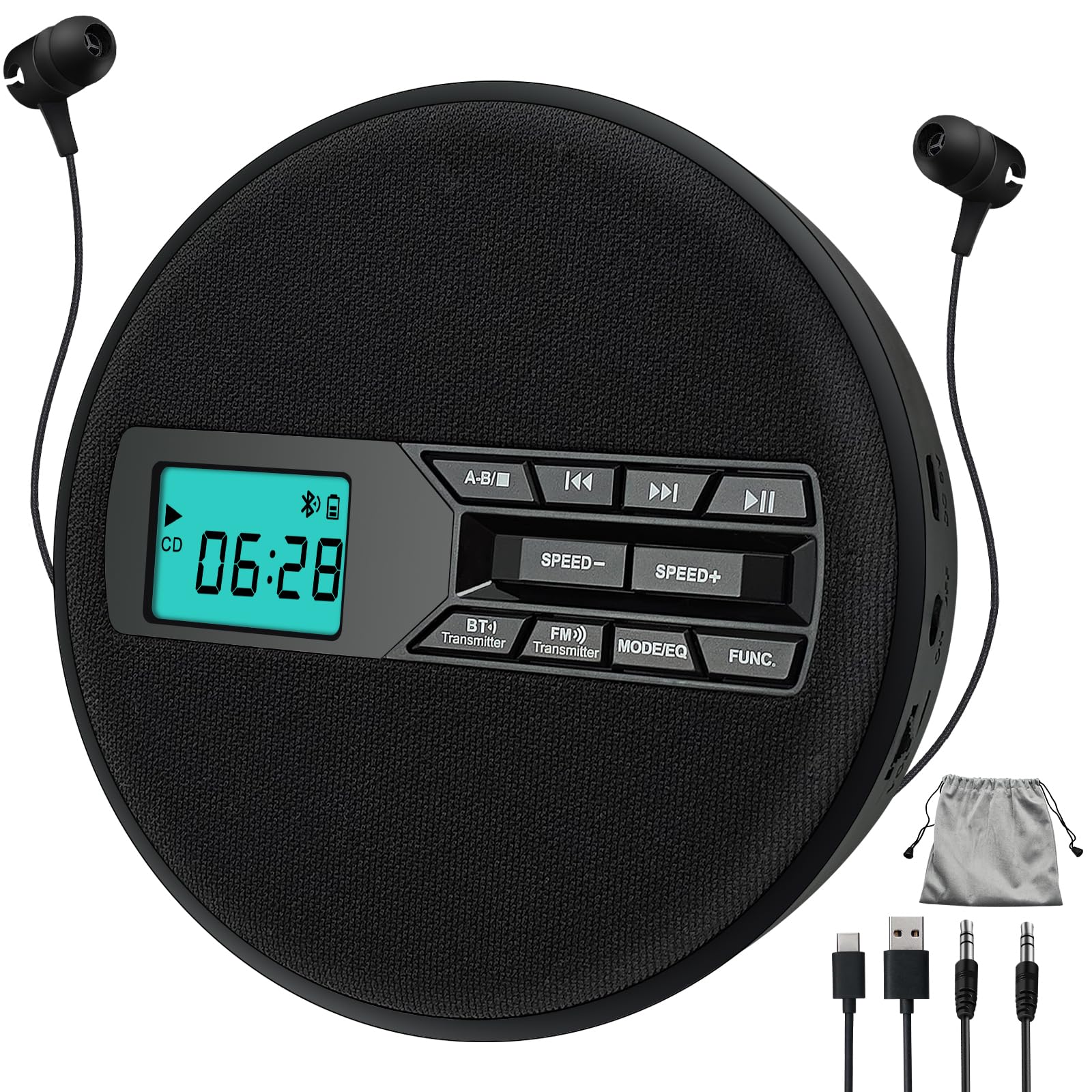 Tragbarer CD-Player mit Dual-Lautsprechern | Antischock, USB/AUX, LCD-Display | 5 EQ-Modi, A-B Repeat, 10 Geschwindigkeiten | Mobiler Musikplayer in Schwarz