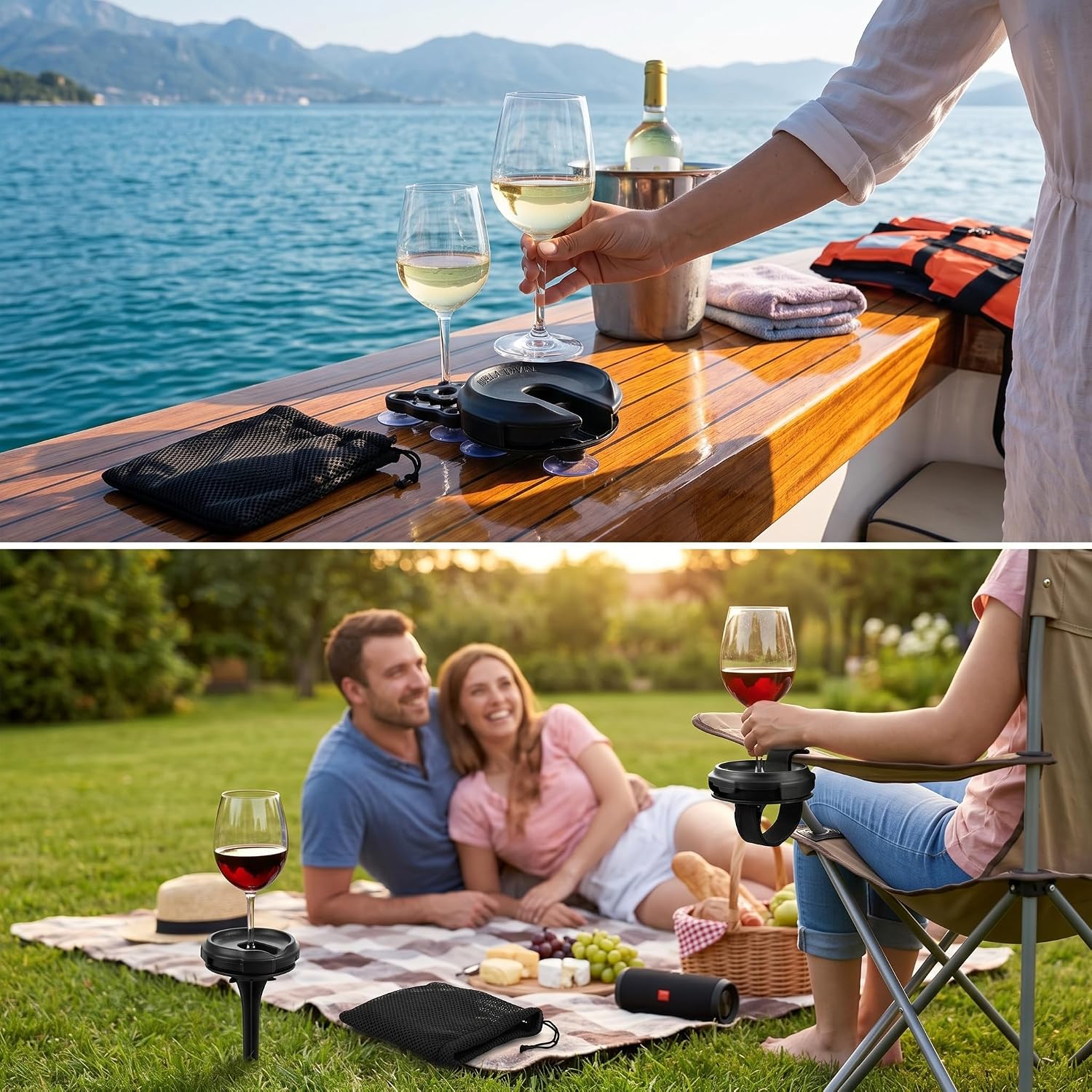 Outdoor Portable Wine Glass Holder Base Rack with 3 Attachments Very Versatile Strap Attachment for Chairs Suction Base for Boaters Picnics Patio Black