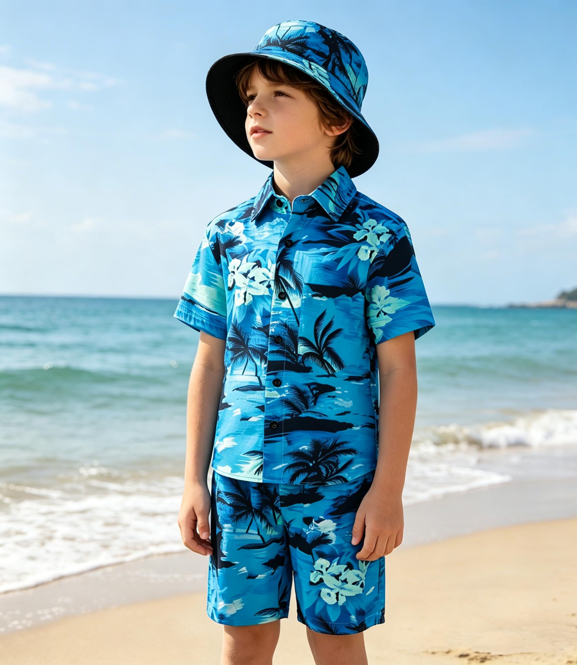 Conjunto de traje hawaiano de 3 piezas, camisa de manga corta + pantalones cortos + sombrero de pescador, tropical verano playa vacaciones, 5 – 16 años