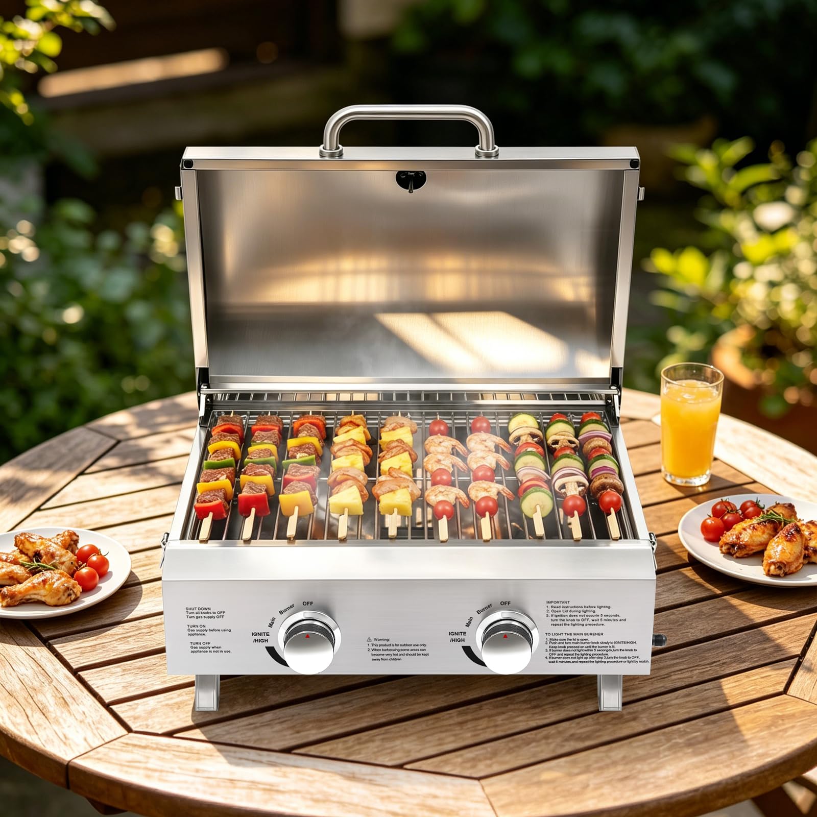 Grill gazowy ze stali nierdzewnej, podwójny palnik, stołowy grill gazowy na gaz LPG, idealny na taras, balkon, do ogrodu, na kemping i piknik