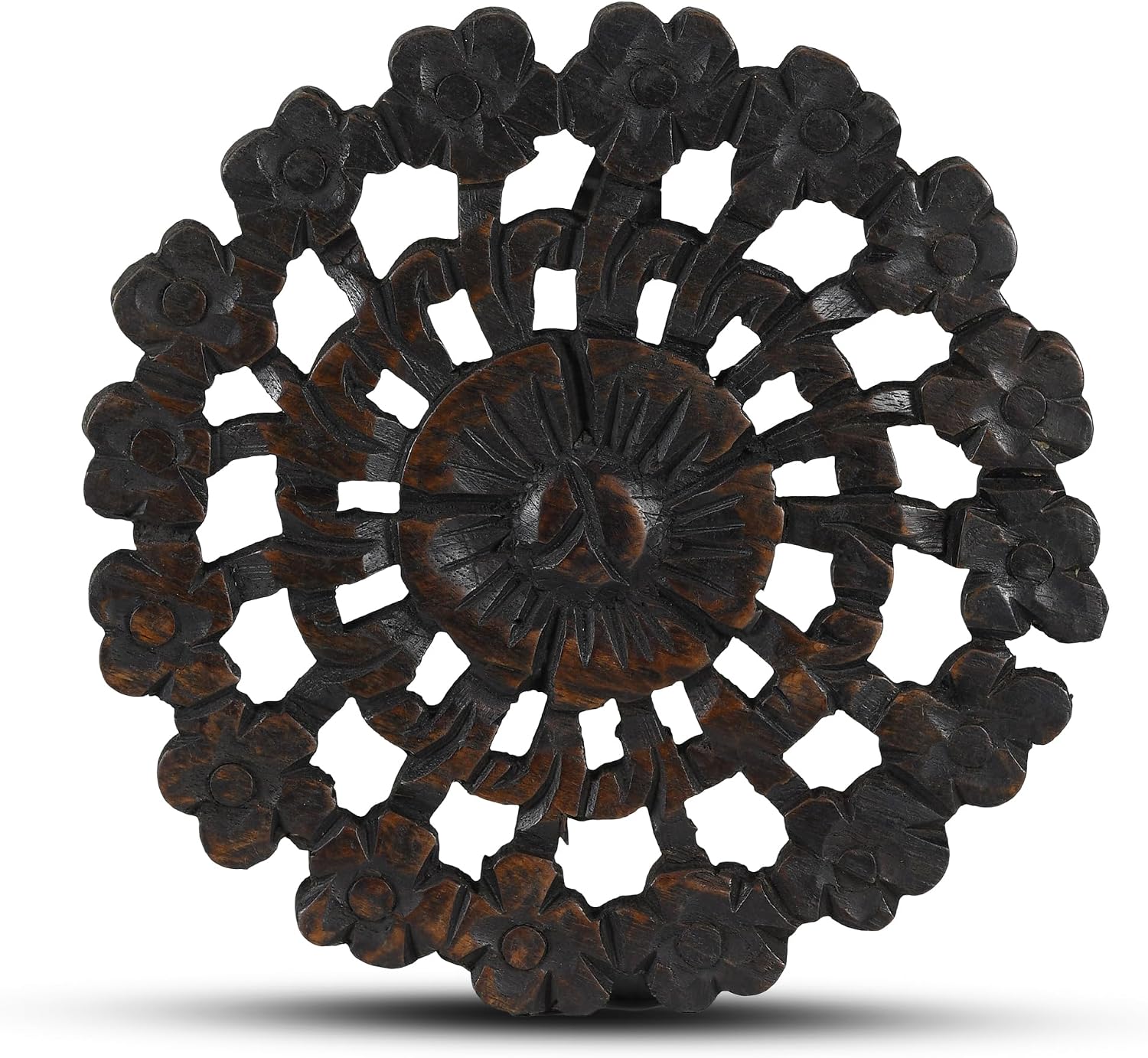 AeraVida Hand Carved Round Teak Wood Plumeria Flower Mandala Wall Art Handmade Wooden Tropical Home Décor 8 Inch Decorative Wall Hanging