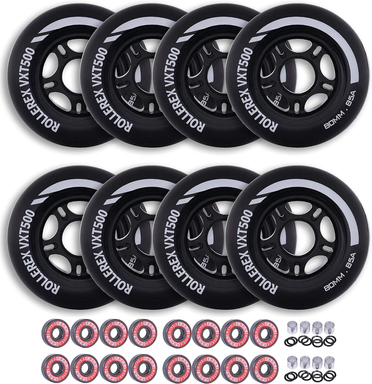 Rollerex VXT500 Inline Skate Wheels (8 Wheels w/Bearings, spacers and washers) (Various Size & Color Options Available) - for Indoor, Outdoor, Hockey - Intended for Roller Blade Wheel Replacement