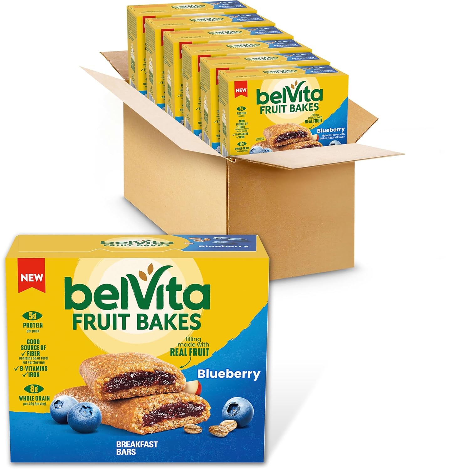 belVita Fruit Bakes, Blueberry, Soft Baked Breakfast Bars, 6 Boxes of 5 Packs (2 Fruit Bars Per Pack)