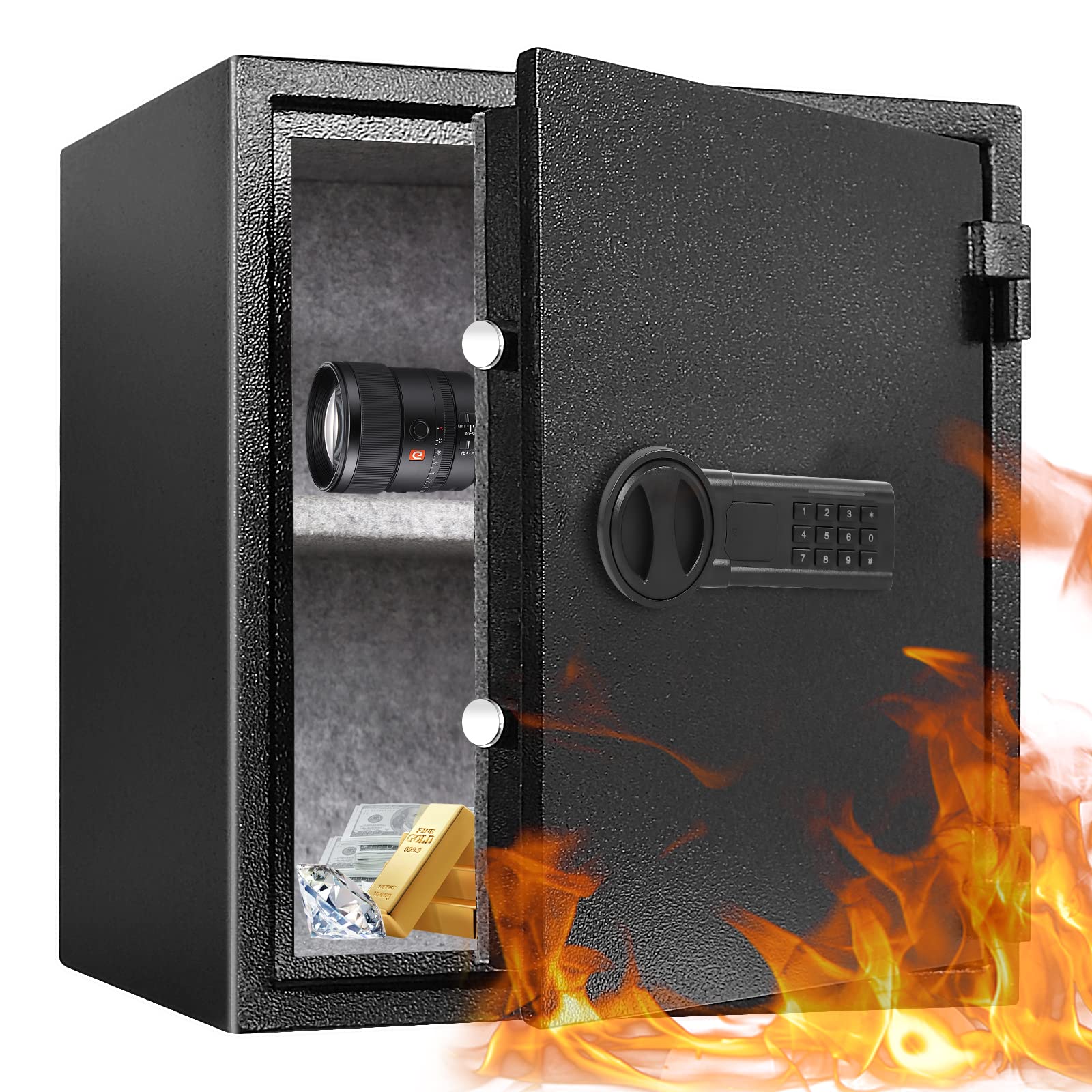 1.6 Cub Fireproof Waterproof Safe Box 30 Minutes Fire Resistant.with Digital Password and Keys Safe Box Fireproof Waterproof for Hotel Office Dorm Money Cash Jewelry Use Storage (1.6Cub)