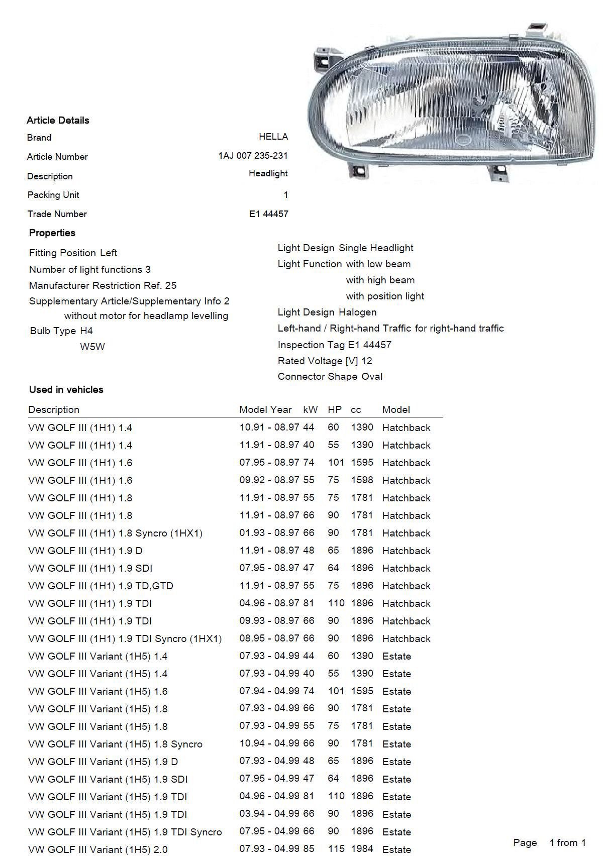 HELLA 1AJ 007 235-231 Einfachscheinwerfer/Halogen-Hauptscheinwerfer- ECE - für Rechtsverkehr - vorne links