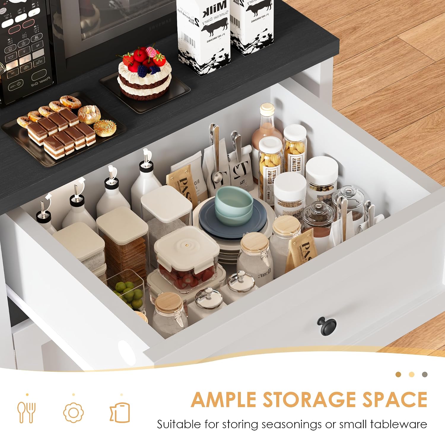 Microwave Stand with Storage and Drawer, Kitchen Pantry Storage Cabinet with Charging Station, Buffet Coffee Bar Cabinet with Adjustable Shelves, Kitchen Hutch Microwave Table for Dining Room