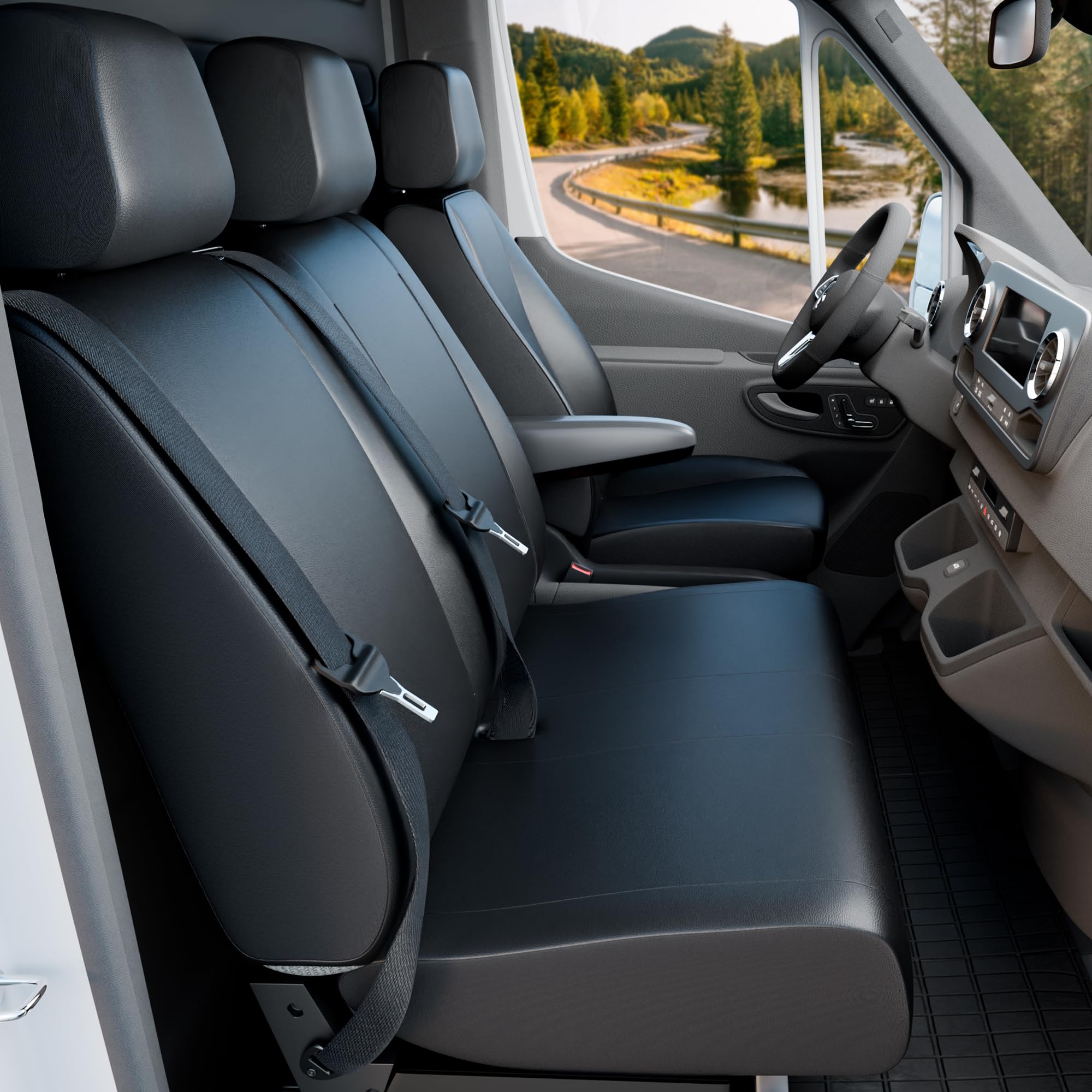 Walser Transporter Sitzbezüge Auto für VW Crafter, Mercedes Sprinter, 1 Einzelsitz (Aussparung Armlehne) & Doppelbank, Sitzbezüge aus Kunstleder, Sitzschoner, Sitzauflagen