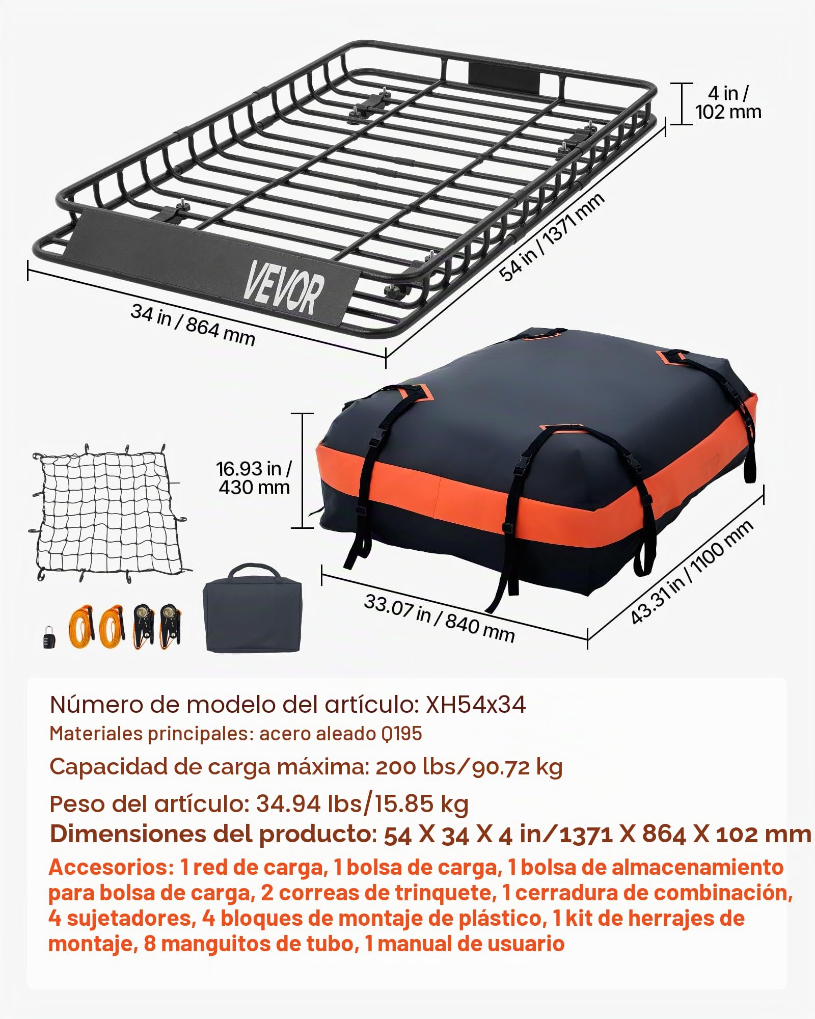 VEVOR Portaequipajes para Techo 137,1 x 86,4 x 10,2 cm, Cesta de Techo para Coche Carga de 90,72 kg, Portaequipajes de Coche con Bolsa, Red de Carga, Correas de Trinquete, Cesta de Equipaje para SUV