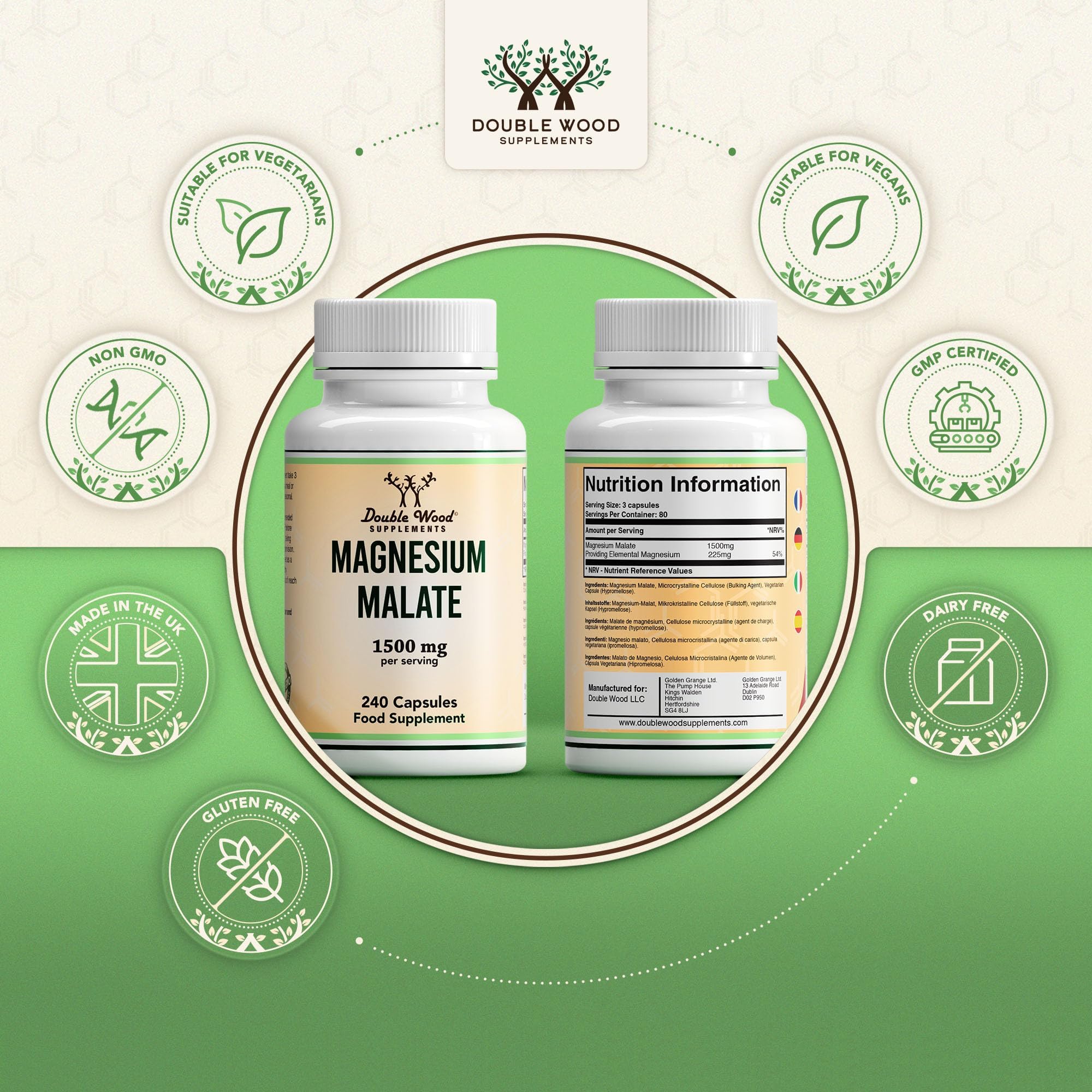 Double Wood Magnesium Malat Kapseln | 240 Hochdosiertes Magnesium Malate – 1500mg Magnesiummalat pro Portion | Gentechnik- und Glutenfrei | Hergestellt in Großbritannien