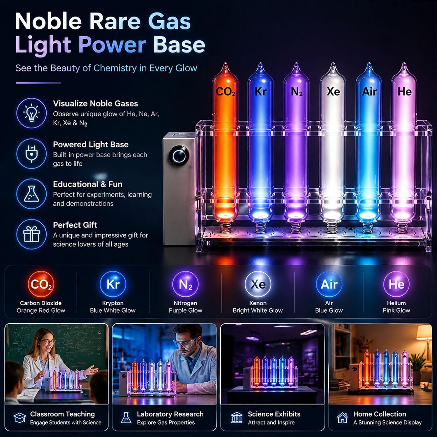 Tubos De Gases Nobles, Juego De Tubos Luminosos De Gases Raros con Base Excitadora, Elementos Luminosos Sellados Al Vacío De 99,999% De Pureza (he, Ne, Ar, Kr, Xe) para Experimentos Científicos,