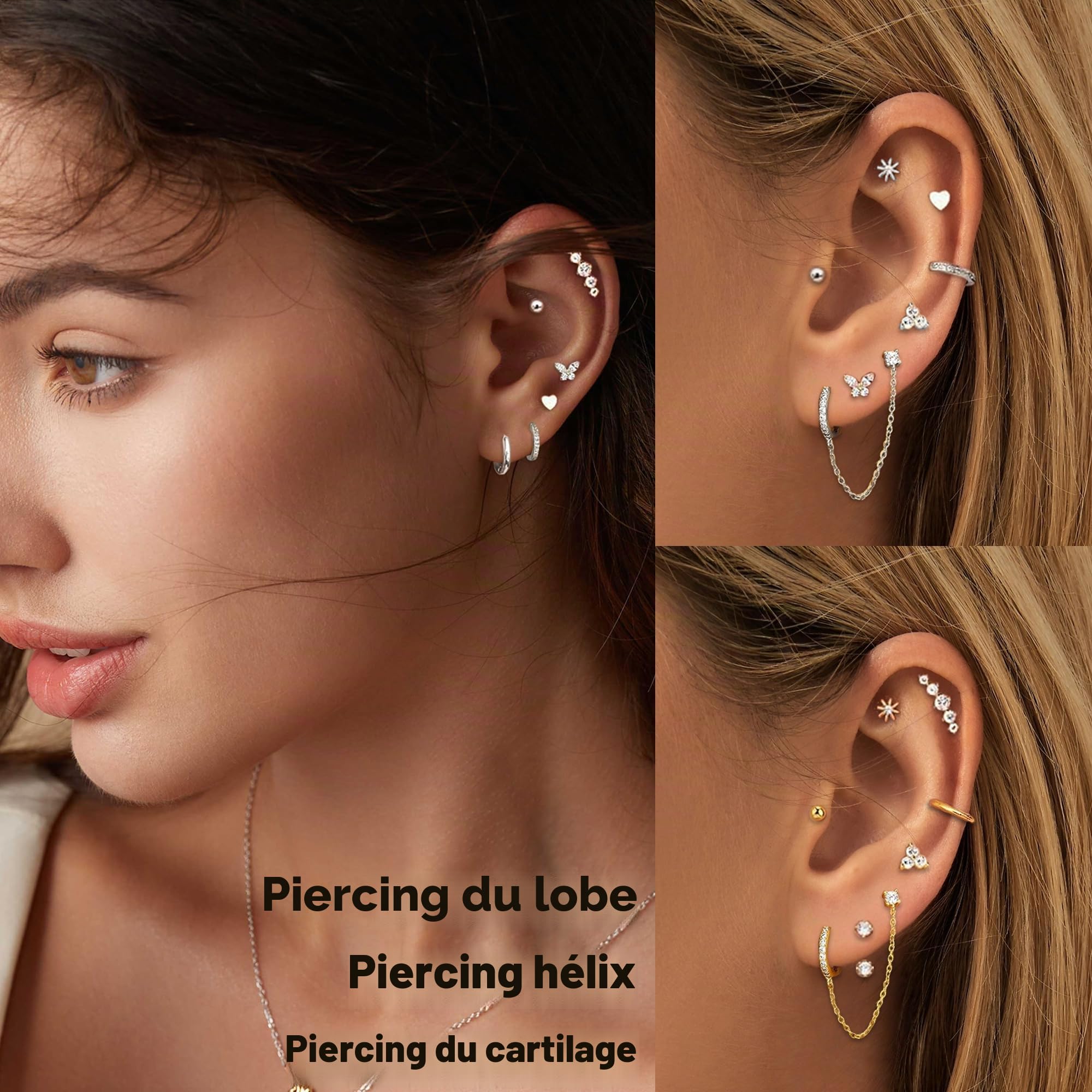 LOFITOR 13 Paires Boucles d'Oreilles Hypoallergéniques à Dos Plat en Acier Chirurgical pour Femmes - Lot de Studs et Créoles pour Piercings Multiples - Argentées et Dorées