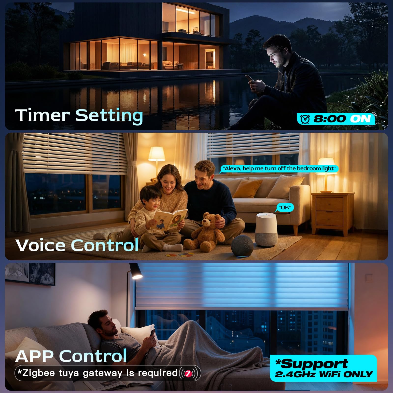 BSEED ZigBee Interruptor Persiana Blanco,ZigBee Interruptor Inteligente Compatible con Tuya,Alexa y Google Home,Control de APP y Función de Temporizador,2,4Ghz Alexa Interruptor Persiana
