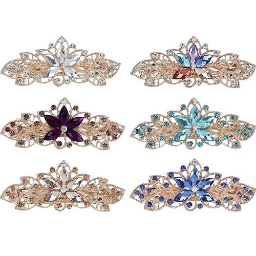 Miniatura 2 de Lawie Paquete de 6 pinzas para el cabello de metal con diamantes de imitación brillantes con diamantes de imitación de flores francesas, pinzas para