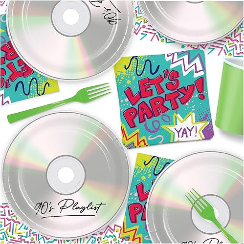 Miniatura 5 de Suministros para fiestas de los 90  Platos llanos de papel CD de los 90's Mix y servilletas Let's Party (Serves 16)