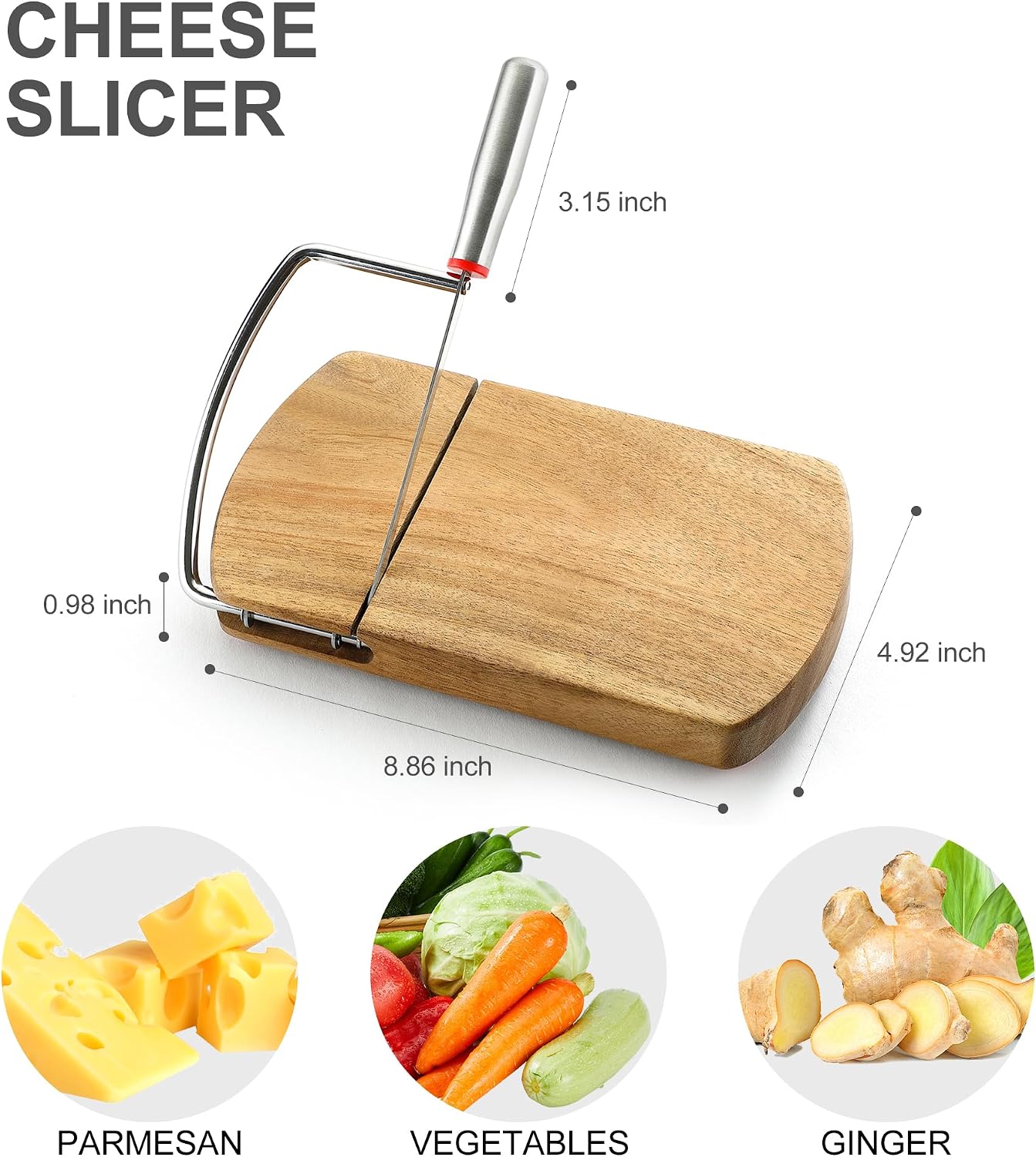 Wooden Cheese Slicer, Cheese Cutter Board with Stainless Steel Blade for Block Cheese, Vegetables, Butter, Sausages, Bread