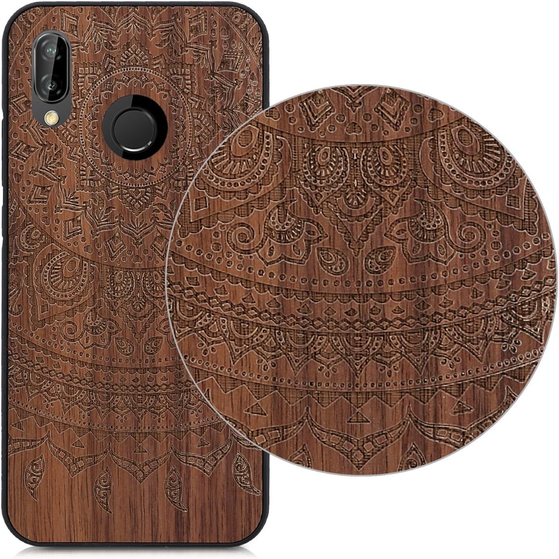kwmobile Wood Case Compatible with Huawei P20 Lite Case - Cover - Indian Sun Dark Brown