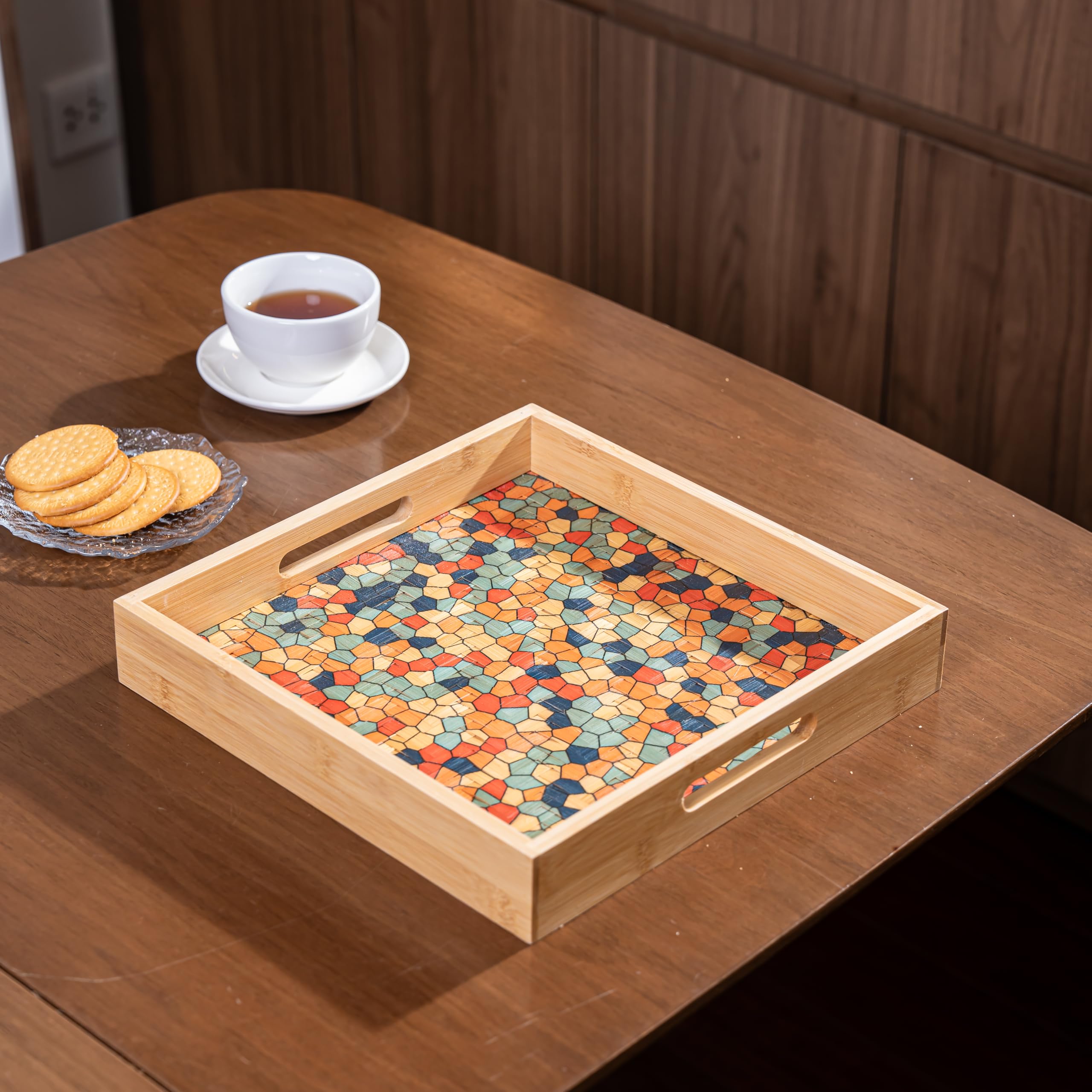 PEMAR Bandeja cuadrada de bambú de 12.2 pulgadas con asa para alimentos y bebidas, bandejas rectangulares de madera decorativas para mesa de café, comer en la cama (mosaico)