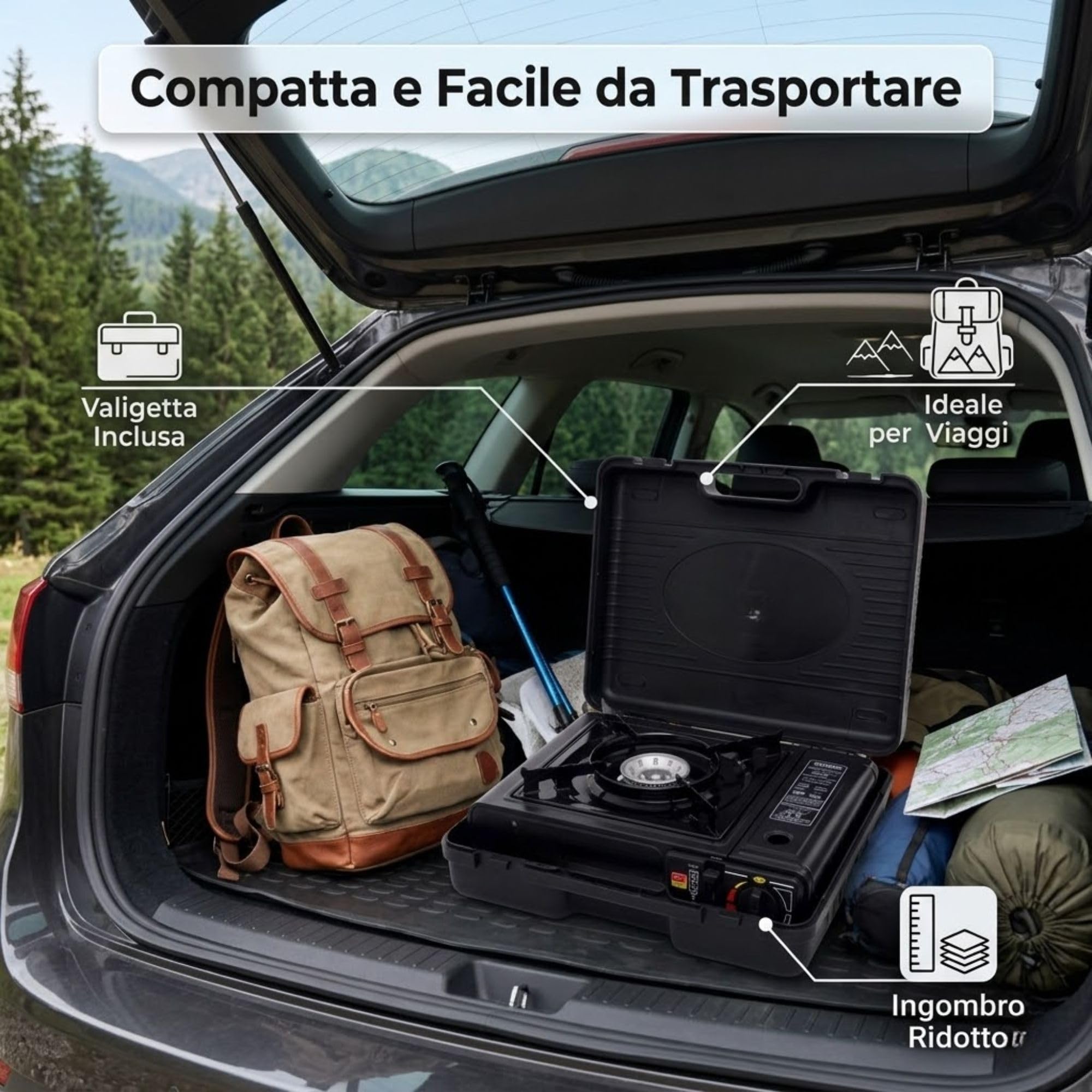 Fornello a Gas da Campeggio Portatile, Compatibile con Cartuccia Butano e Bombola GPL, Accensione Piezoelettrica, 2200W, Valigetta Inclusa, per Camper, Trekking, Picnic e Pesca