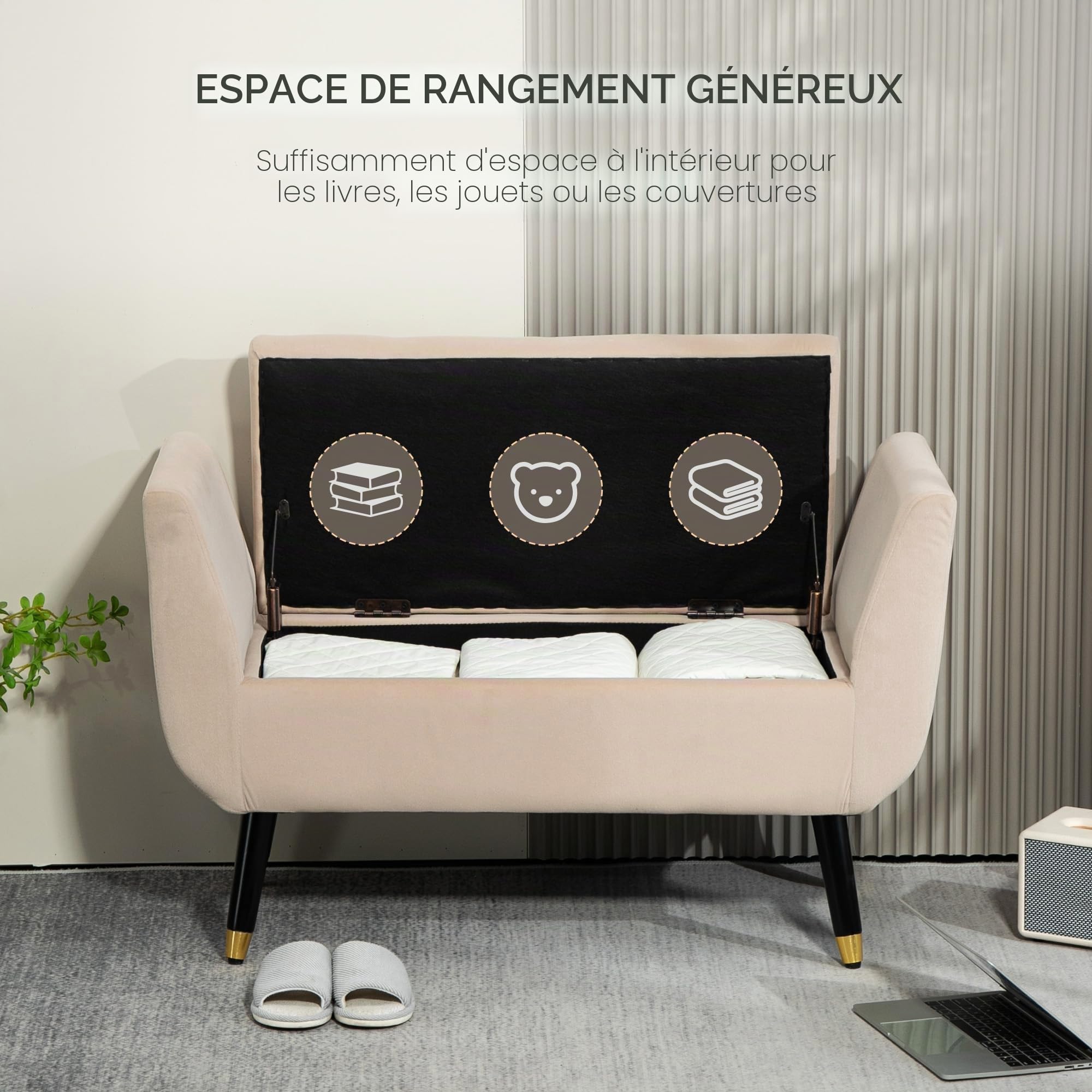 HOMCOM Banc de Rangement avec accoudoirs Aspect Velours - Coffre avec Pieds en Bois - pour Salon, Chambre à Coucher, Couloir - 107 x 42 x 65 cm - Beige