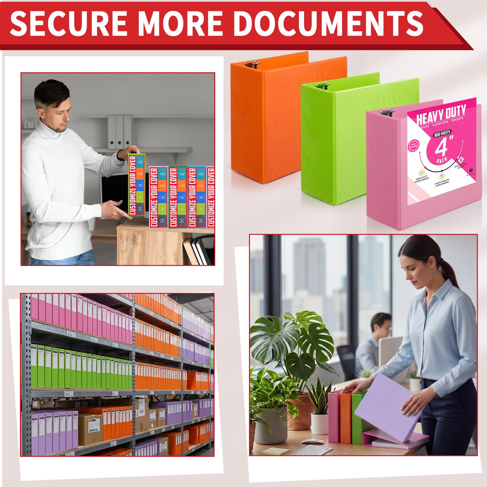 Sinload 4 carpetas de anillos grandes de 4 pulgadas con bolsillos, carpeta de 3 anillos de 8.5 x 11 pulgadas, carpeta de presentación con cubierta transparente personalizable para documentos, archivos