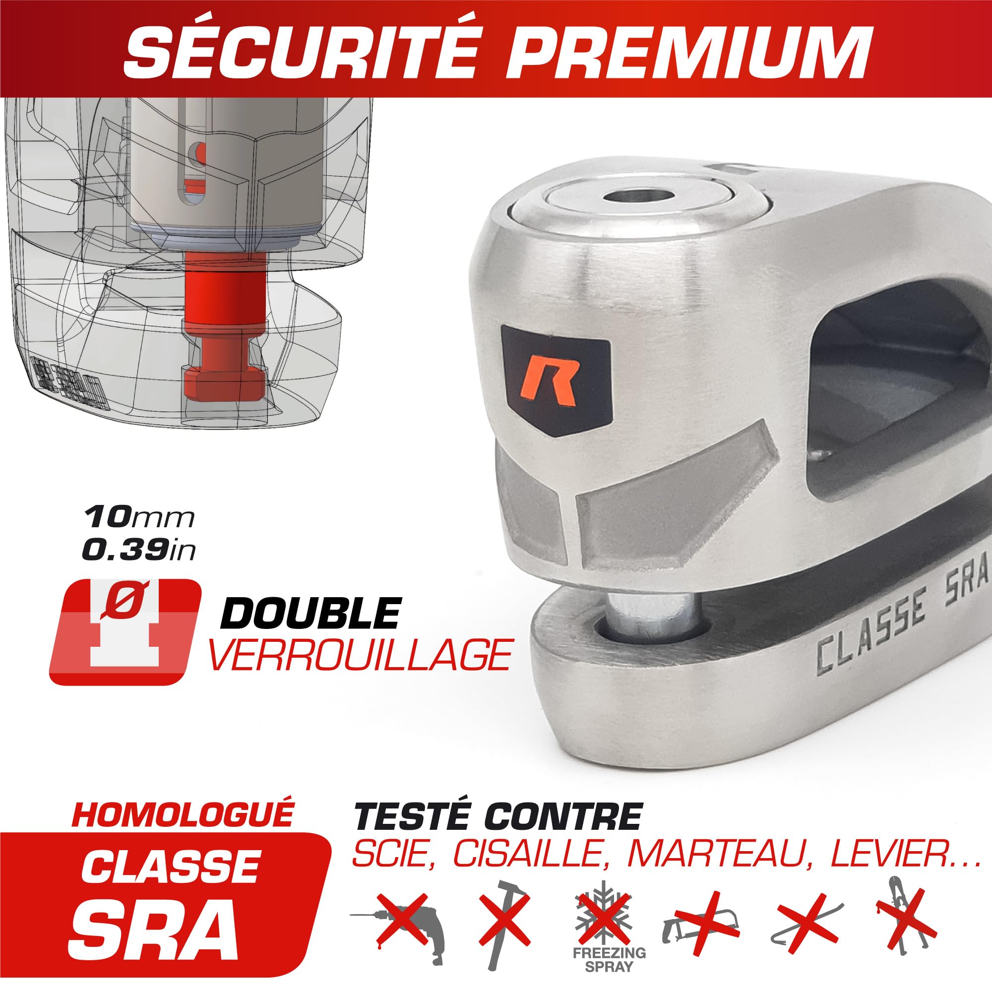 RADIKAL RK310S Antivol Moto Bloque Disque Premium Homologué SRA, Design Exclusif, Serrure Haute Sécurité, Acier Inoxydable, Double Verrouillage ø10mm, Antivol Bloc Frein Roue pour Moto Scooter
