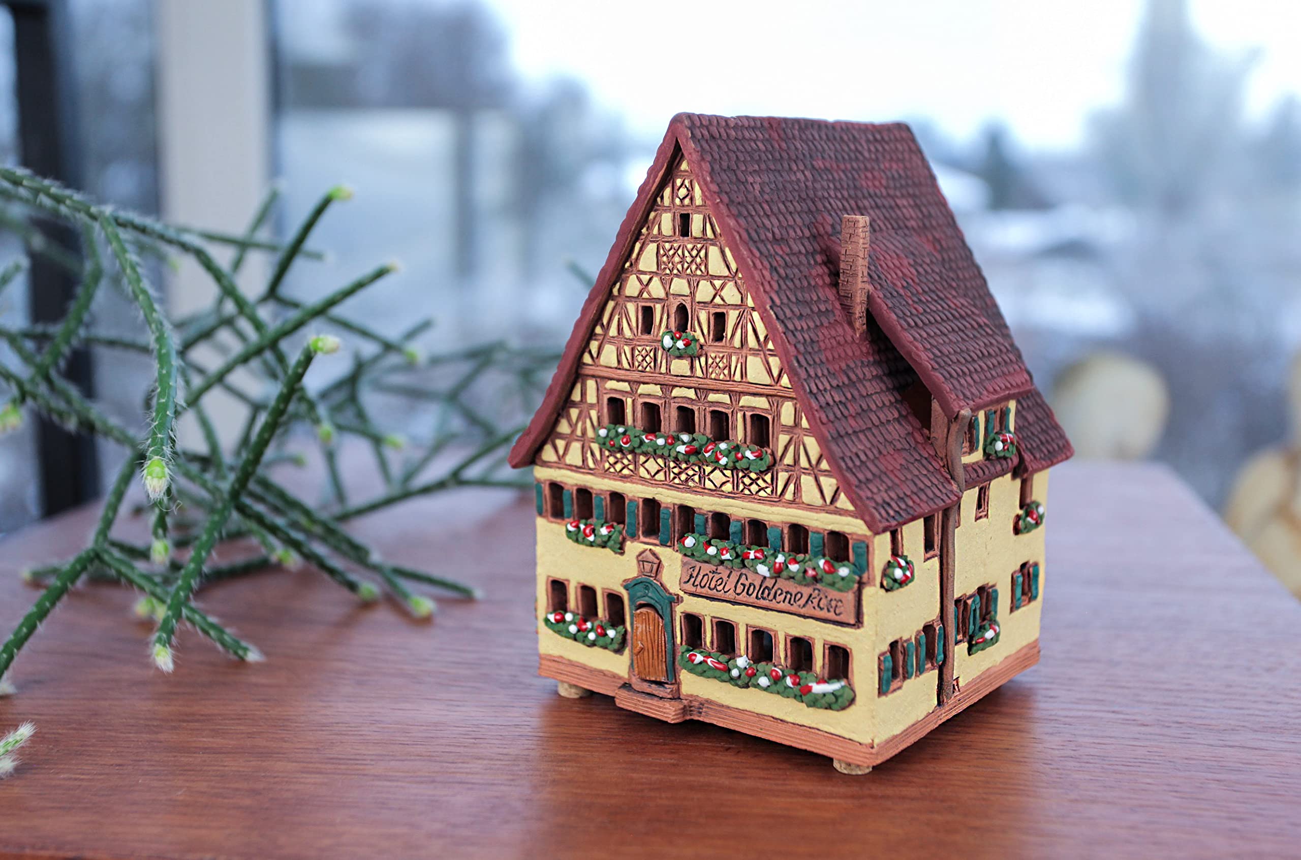 Ceramiczny domek świetlny, rękodzieło, miniaturka artystyczna, dom złota róża w orkiszu, Niemcy, A270AR