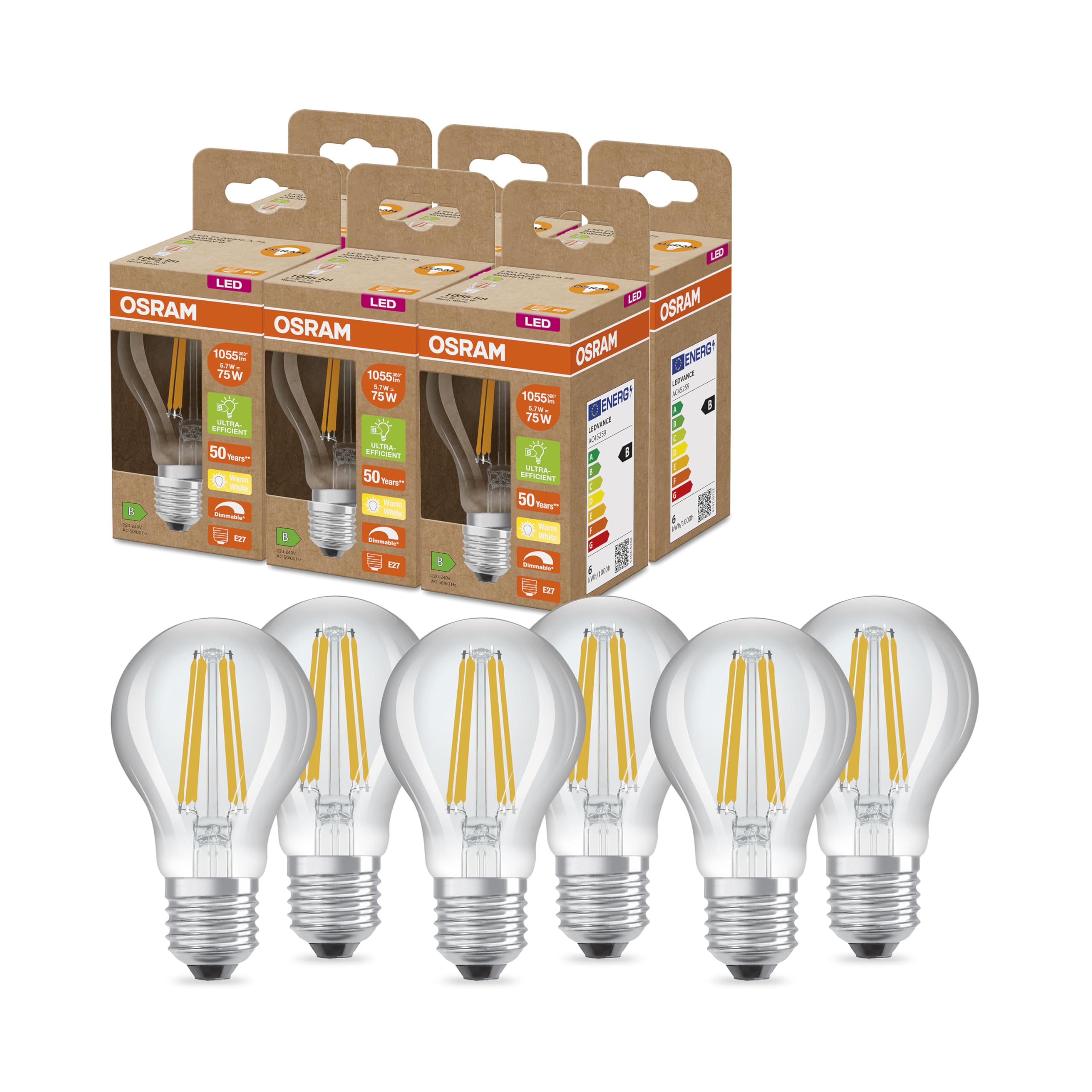 OSRAM SUPERSTAR+ CLASSIC A FIL 75 LED-Lampe, E27, Kolbenform, 5,7W, 1055lm, 2700K, warmweißes Licht, dimmbar, LED-Filament-Technologie, sehr geringer Energieverbrauch, Energieeffizienzklasse B,6-Pack