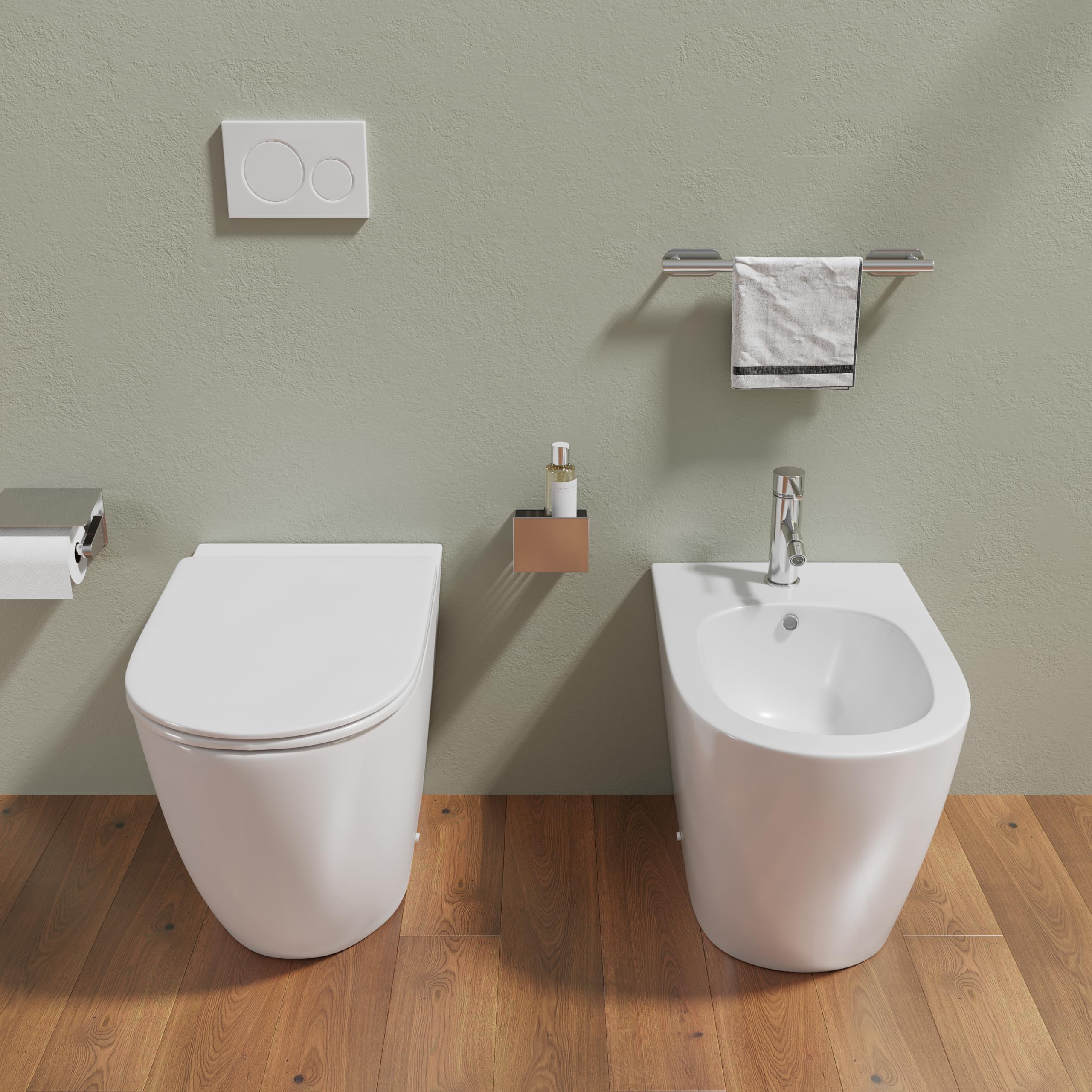 Sanitari filomuro comfort in ceramica bianco lucido vaso rimless h44,5 cm con copriwc soft-close e bidet Mod. Europa