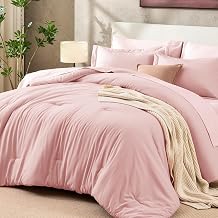 Sasttie King Comforter Set 7-Piece, Pre-Washed Crinkled Texture Bed in a Bag King with Ultra Soft Brushed Sheets, Aesthetic Fluffy Bedding Set for All Seasons, Pink