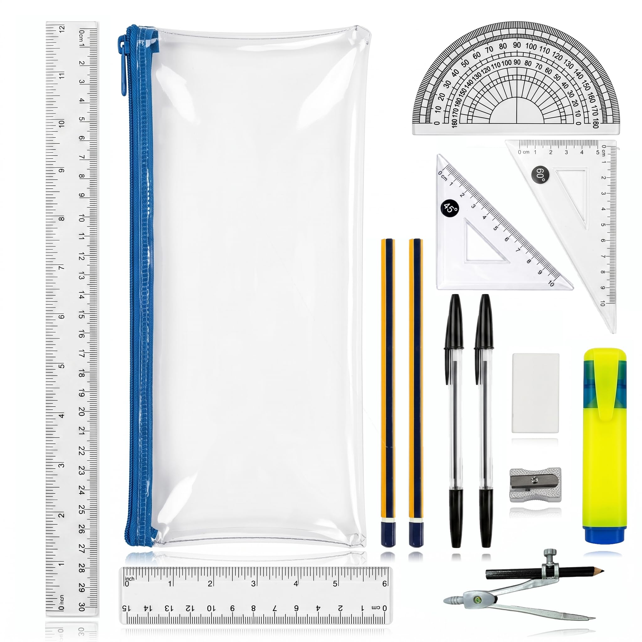 GCSE 14 Pcs Blue Clear Pencil Case Set, Back to School Stationery Maths Set