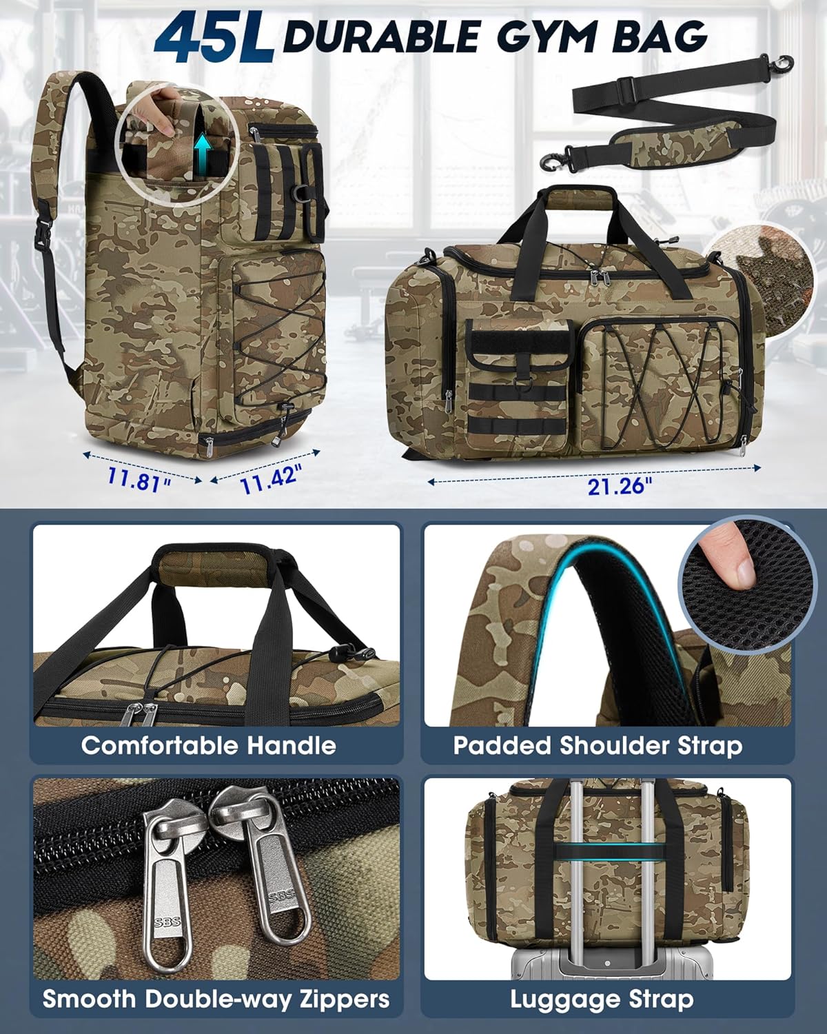 SDYSM Gym Bag for Men 45L Sports Duffel Bags 3-in-1 Travel Duffel Bag with Shoe Compartment, Gym Workout Backpack Carry On Weekender Bag Overnight Bag for Travel, KhakiCamouf - Image 7