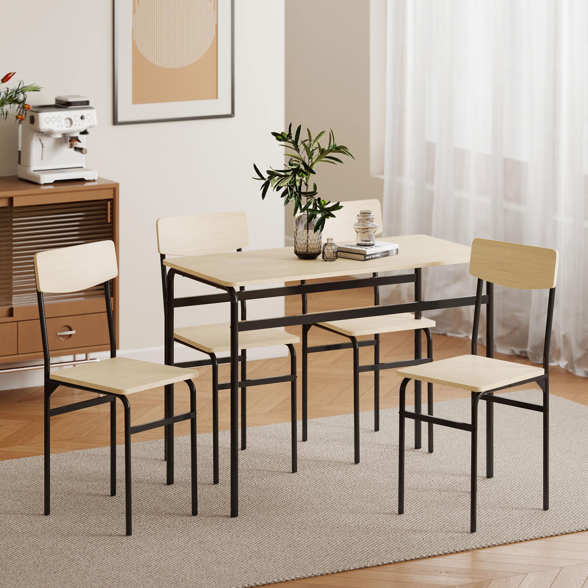 HOMCOM Set Tavolo e Sedie Sala da Pranzo 5 Pezzi, Tavolo da Pranzo Rettangolare e 4 Sedie in Legno e Metallo, Salvaspazio, Design Industriale, per Soggiorno Salotto Cucina, Nero e Color Legno